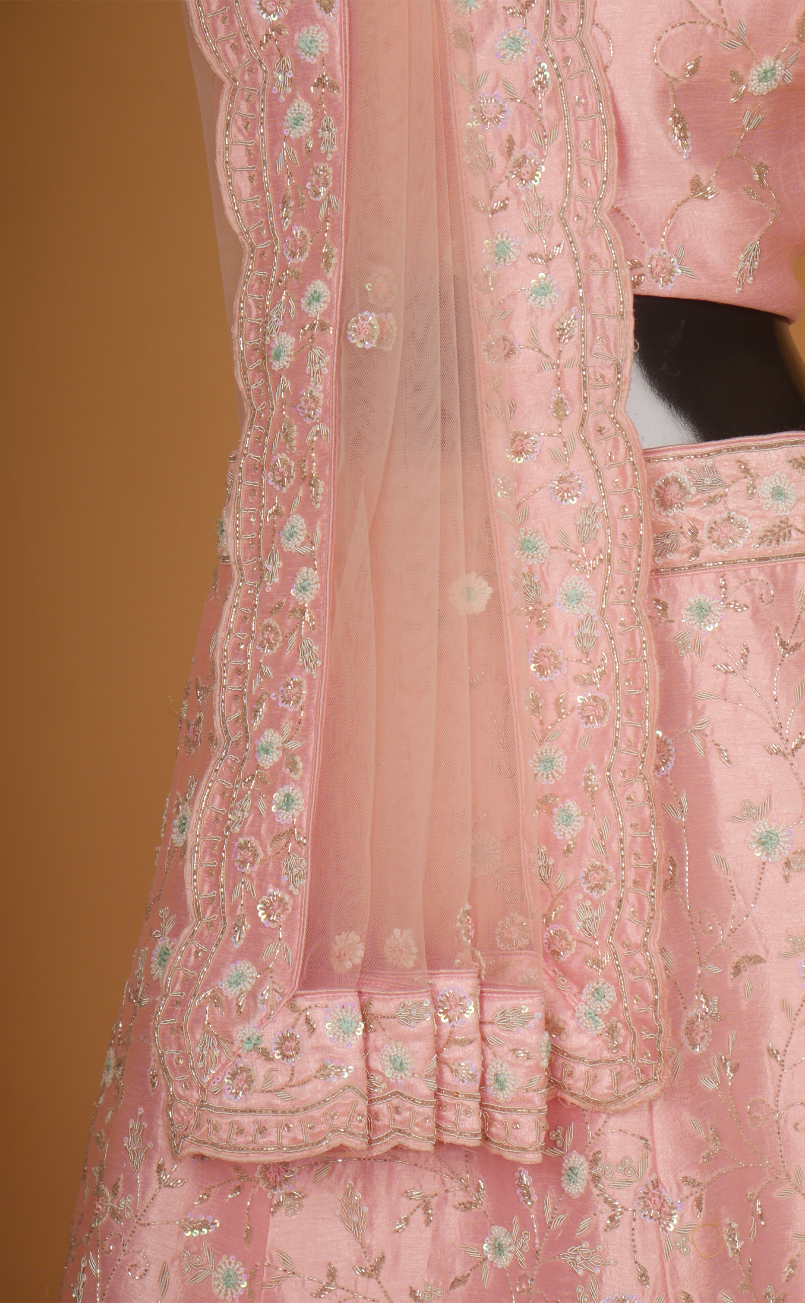 Soft Pink Hand Embroidery Bridal Lehenga In Vegan Raw Silk