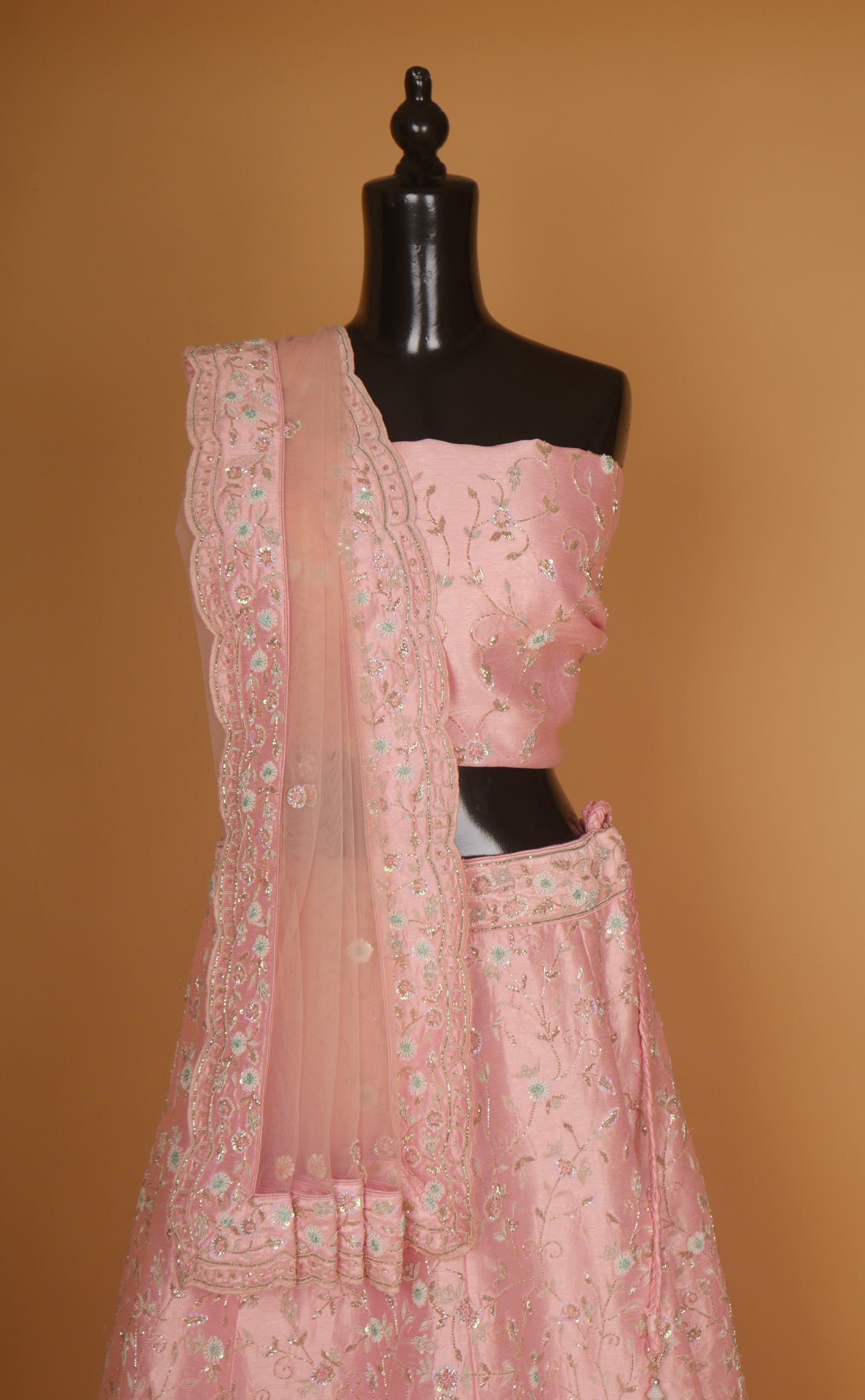 Soft Pink Hand Embroidery Bridal Lehenga In Vegan Raw Silk