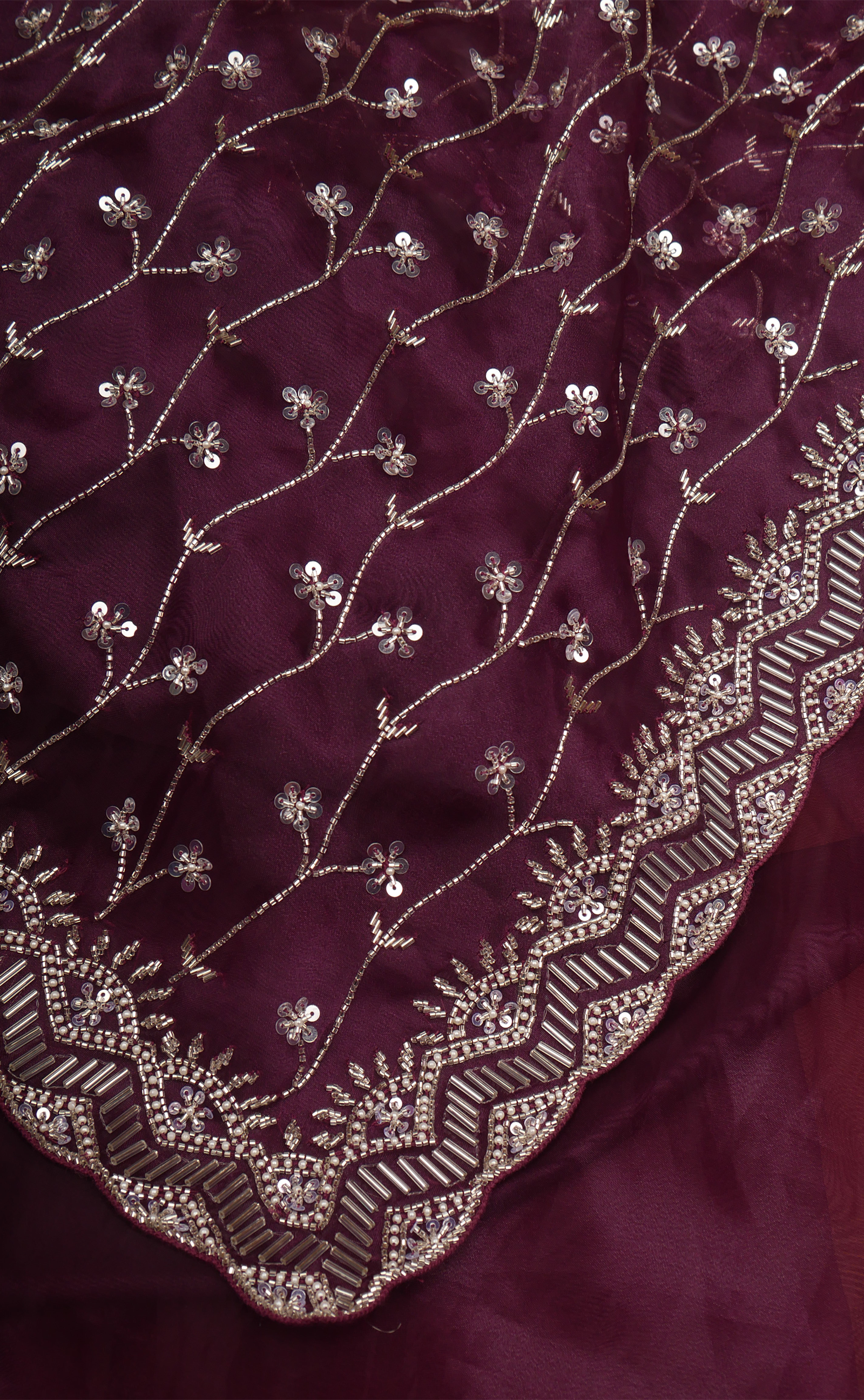 Wine Hand Embroidery Saree In Vegan Glass Soft Organza