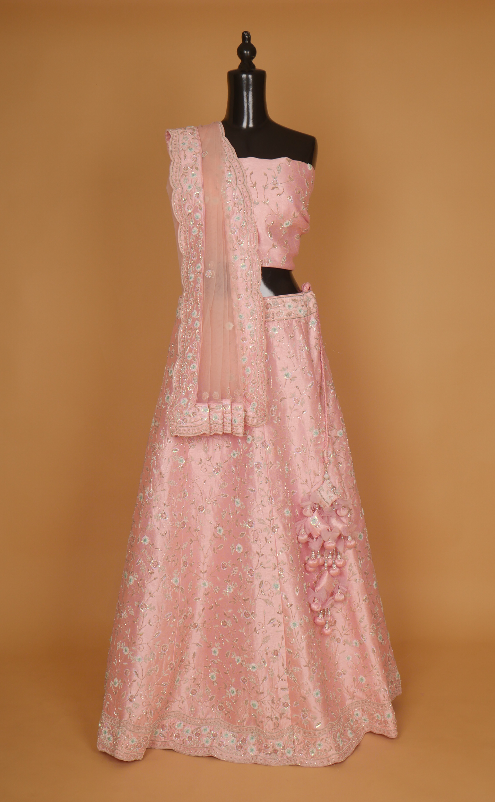 Soft Pink Hand Embroidery Bridal Lehenga In Vegan Raw Silk