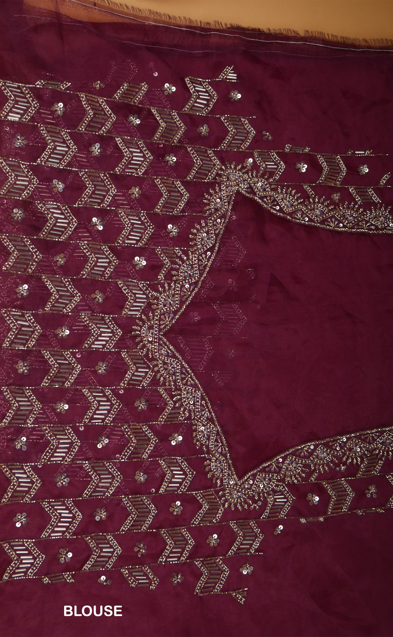 Wine Hand Embroidery Saree In Vegan Glass Soft Organza