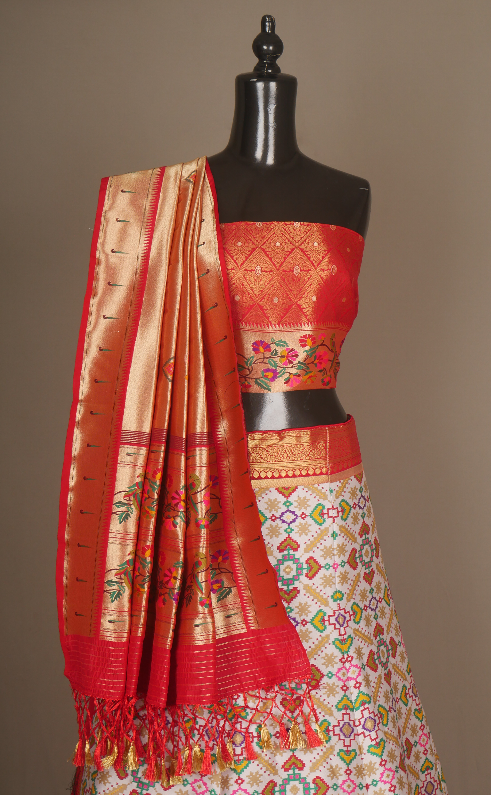 Off-White Patola Vegan Silk Banarasi With Paithani Border Semi-Stitched Lehenga