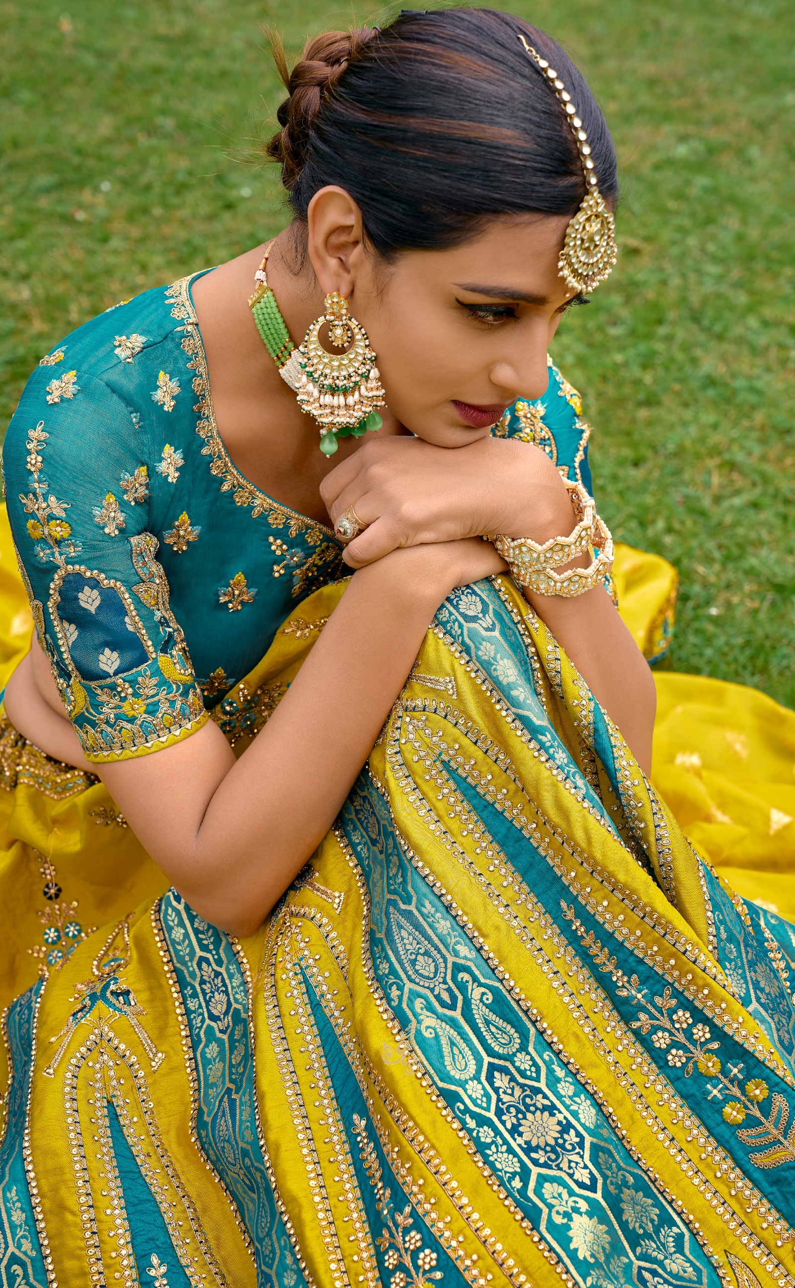 Mustard Embroidered Lehenga In Banarasi Vegan Raw Silk