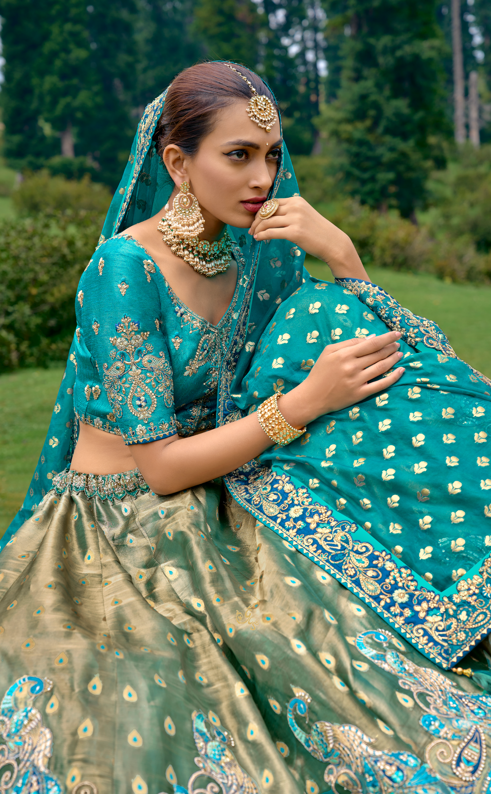 Greenish Blue Embroidered Lehenga In Banarasi Vegan Soft Tissue