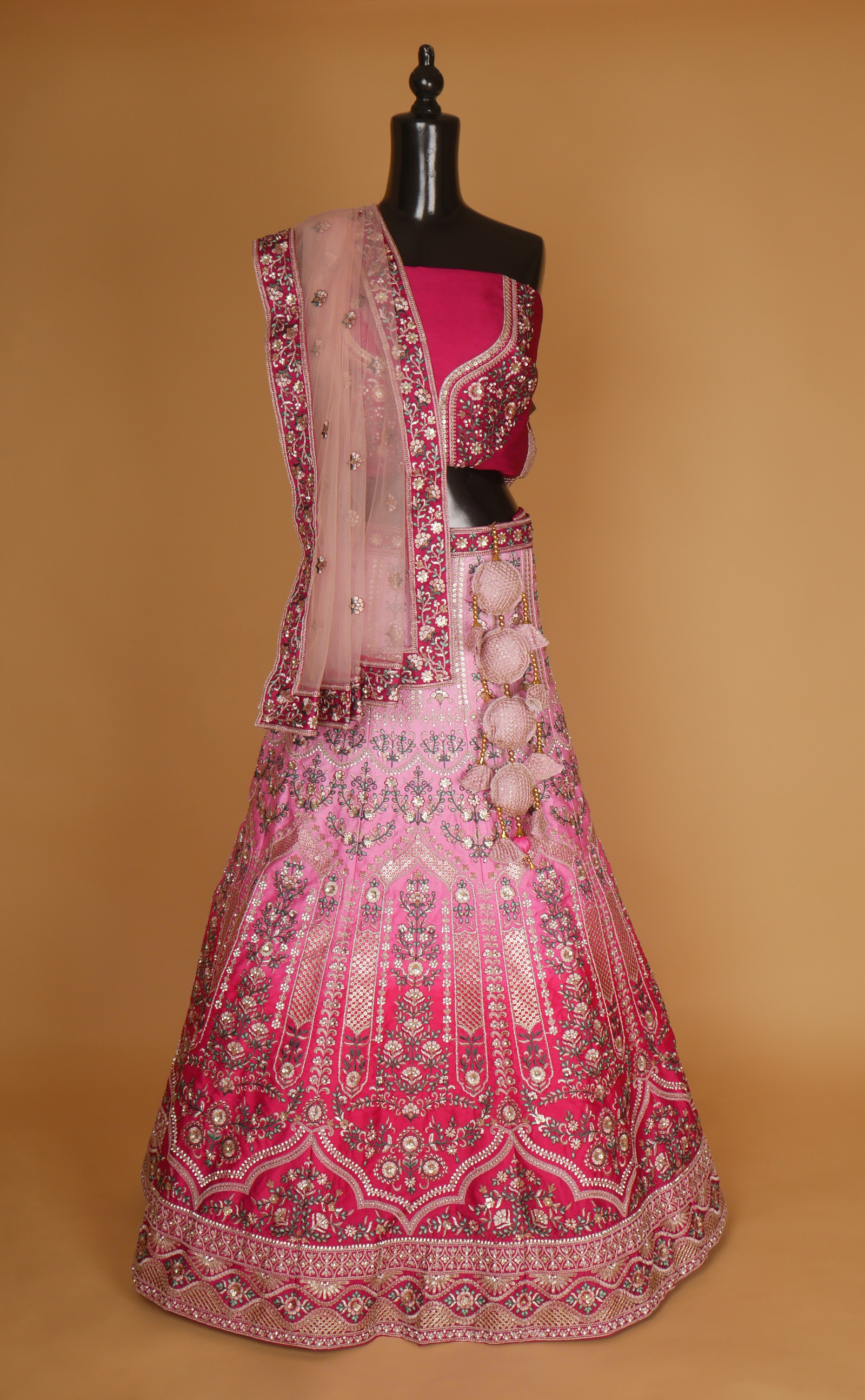 Rani Pink Shaded Embroidered Lehenga In Vegan Raw Silk