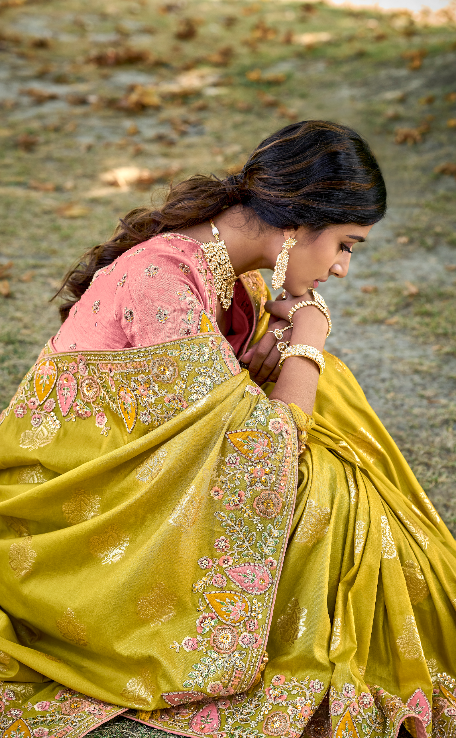 Turmeric Embroidered Saree In Banarasi Vegan Tissue Silk