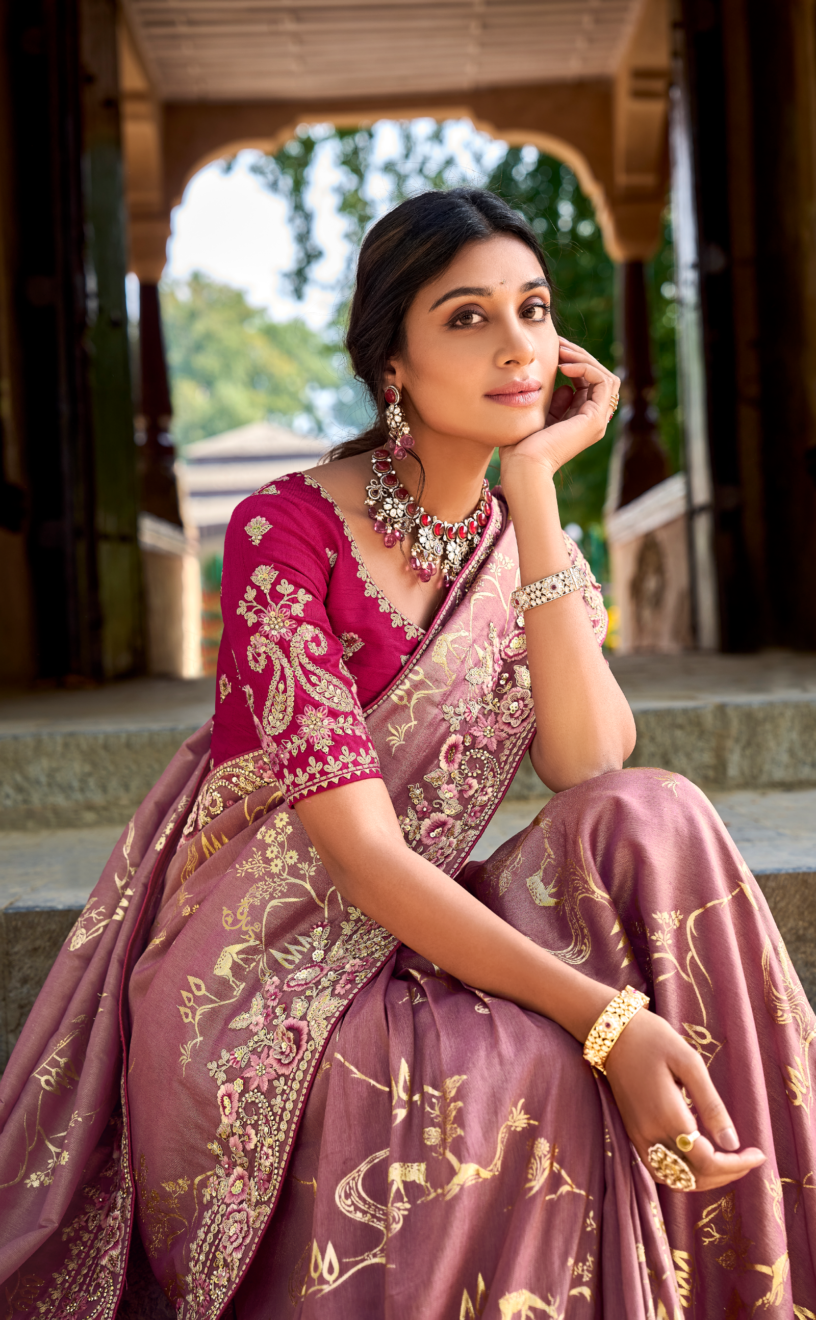 Coral Tree Embroidered Saree In Banarasi Vegan Tissue Silk