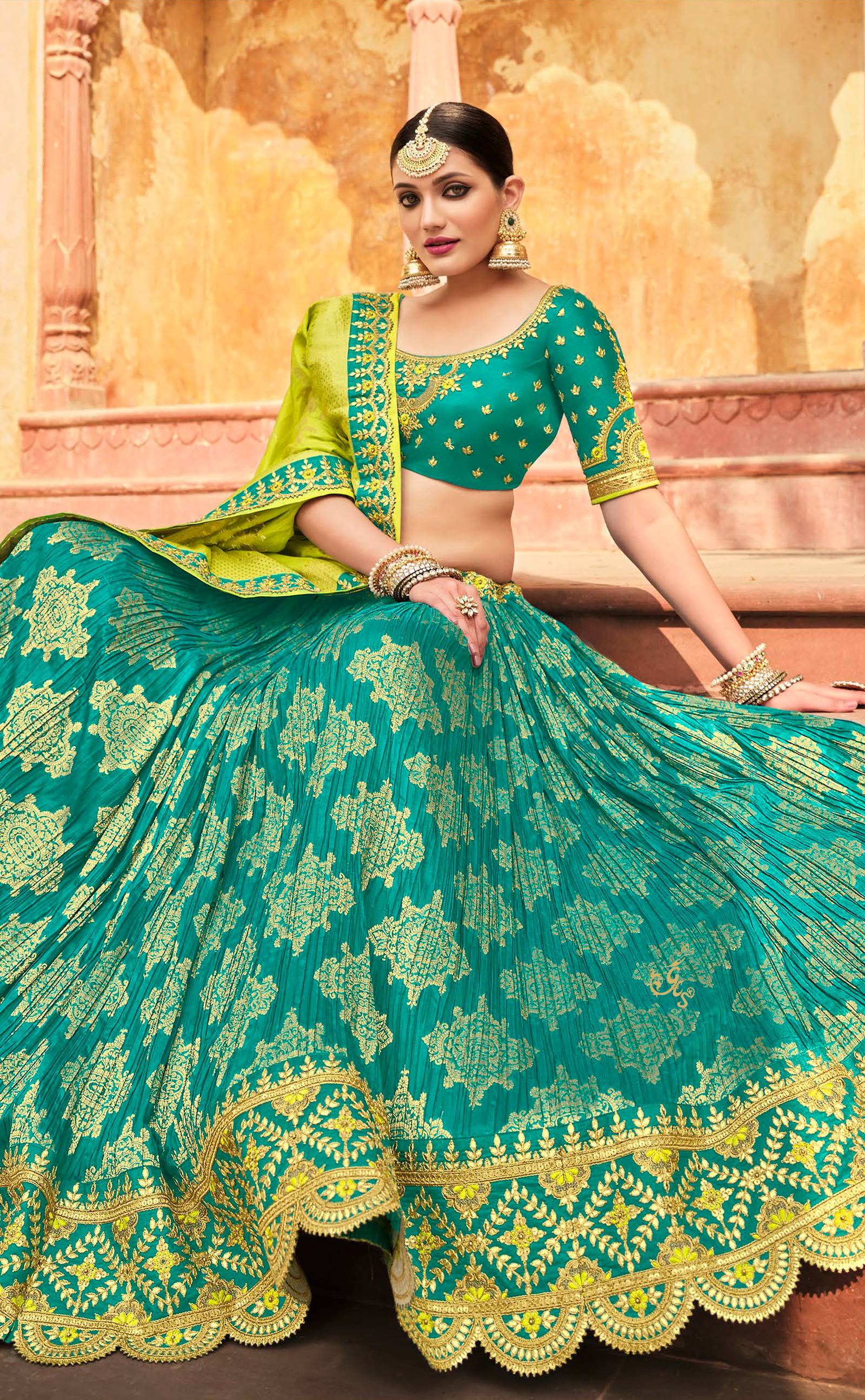 Firozi Blue Embroidered Lehenga In Vegan Banarasi Crush Silk