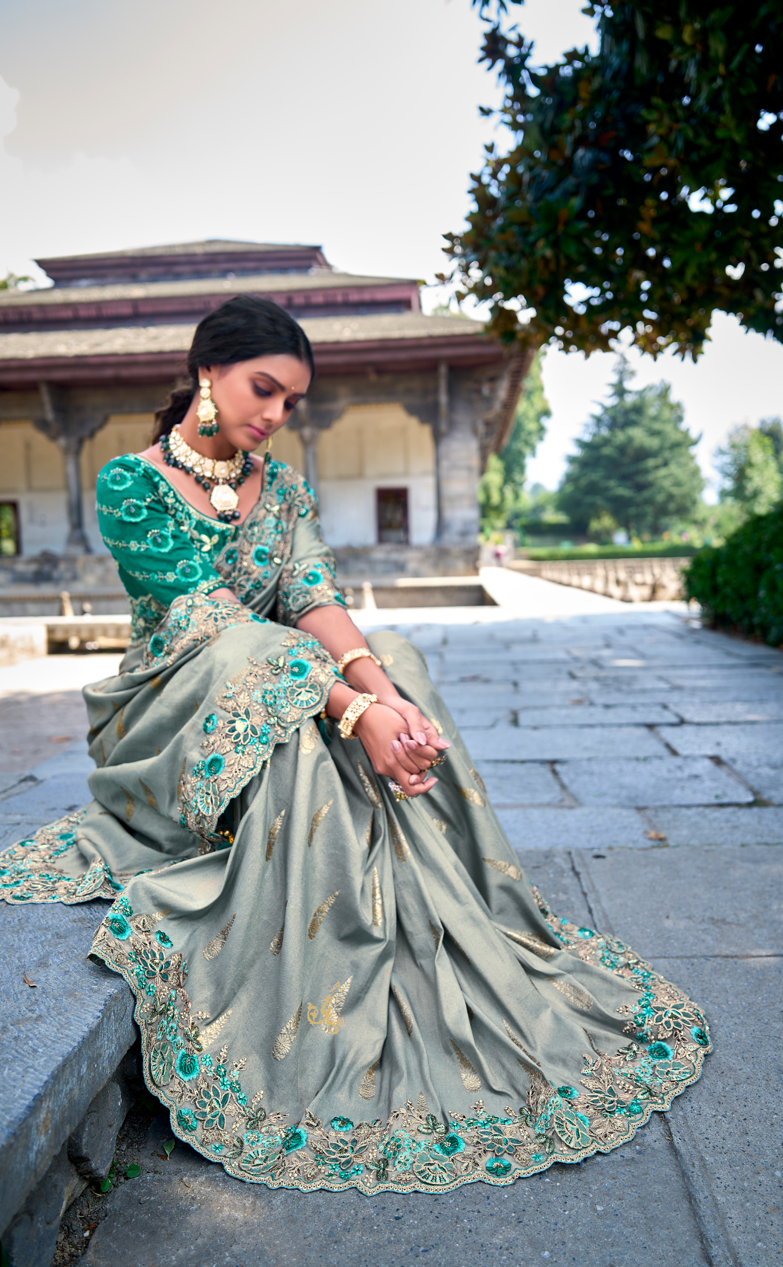 Blue Smoke Embroidered Saree In Banarasi Vegan Tissue Silk