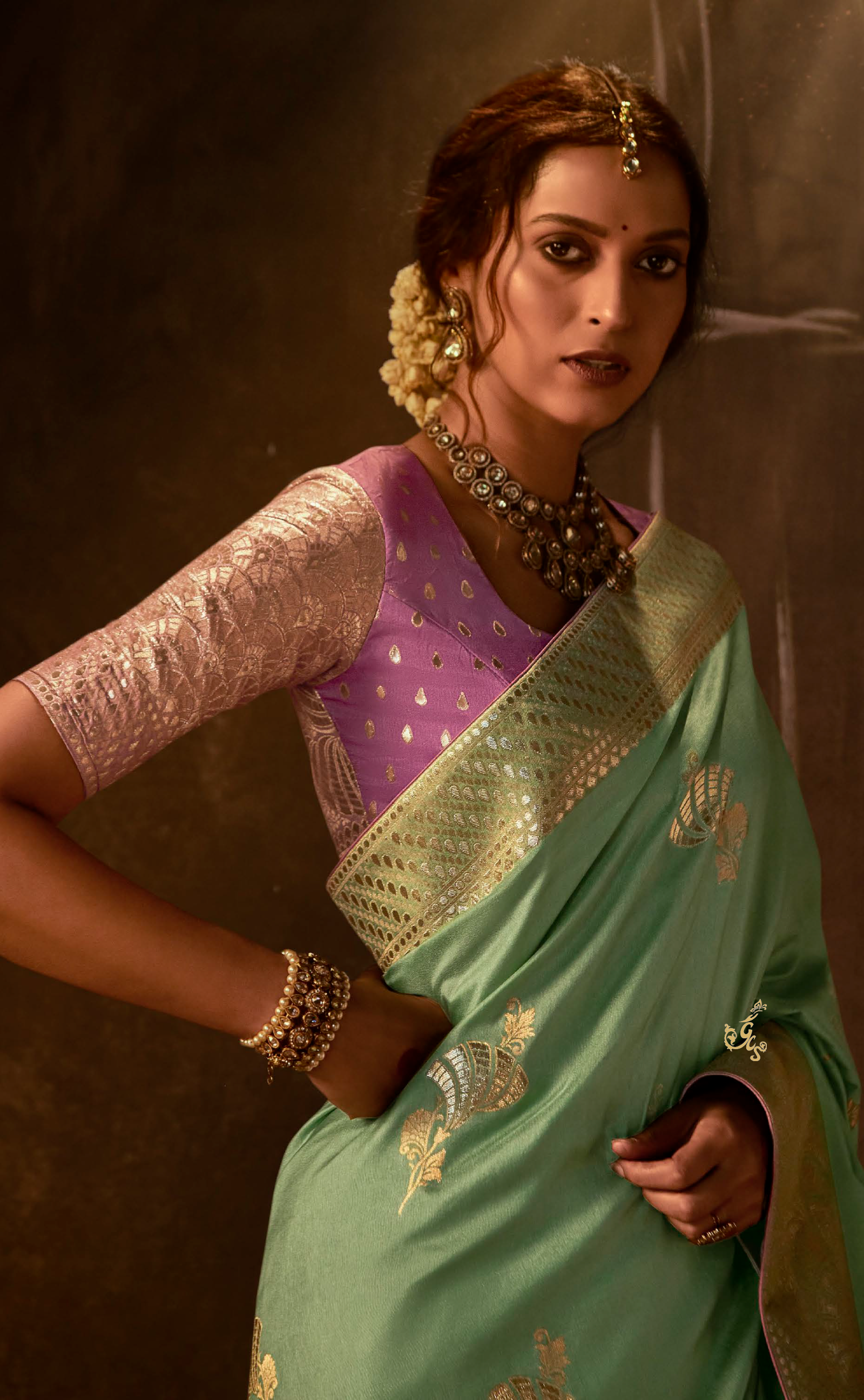 Dusty Green Saree In Banarasi Vegan Muga Silk