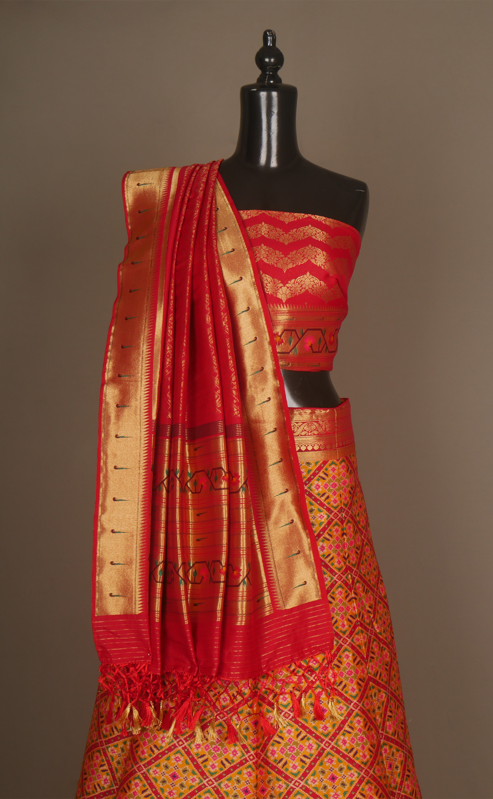 Mustard Patola Vegan Silk Banarasi With Paithani Border Semi-Stitched Lehenga