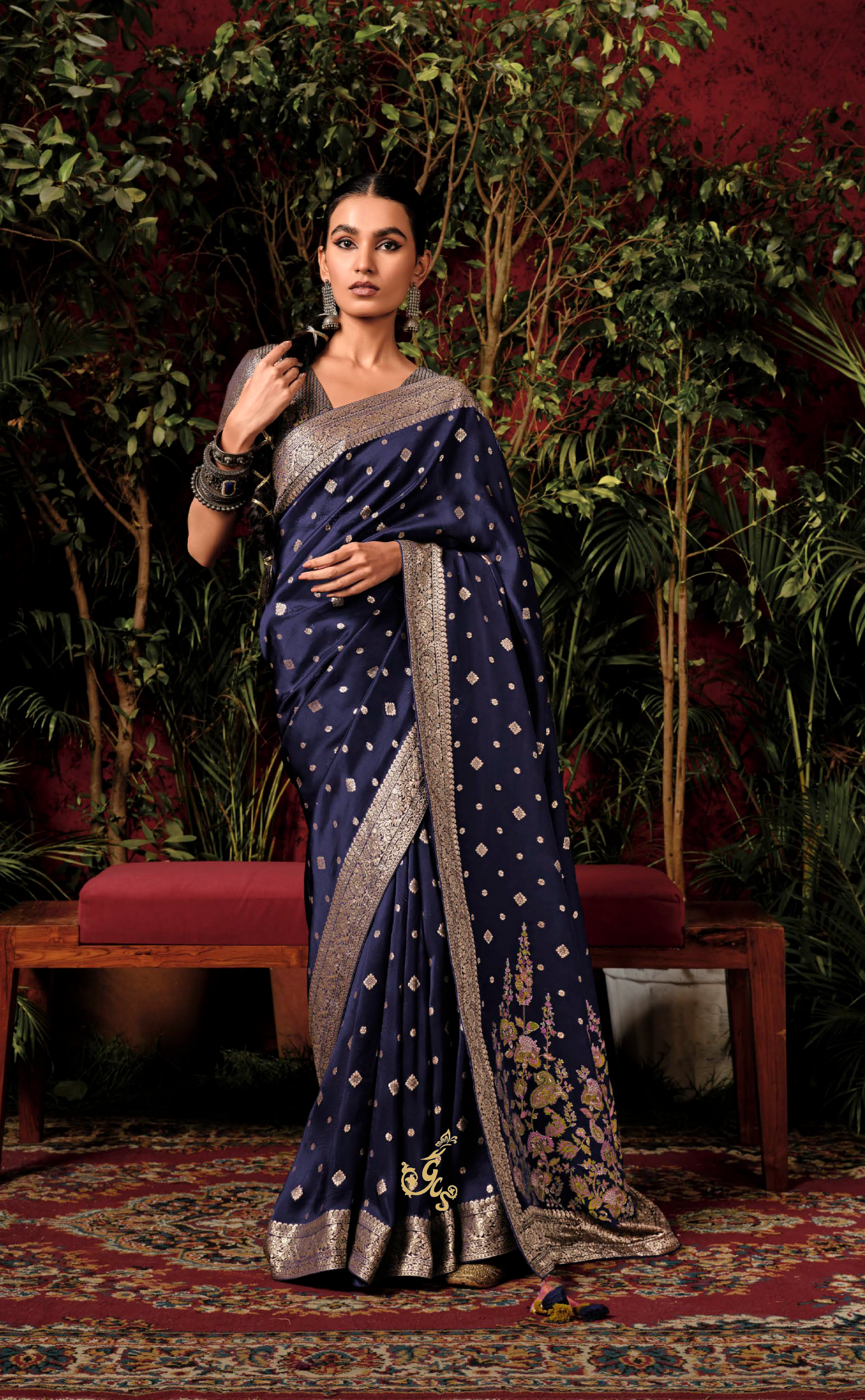 Navy Blue Saree In Banarasi Vegan Muga Silk