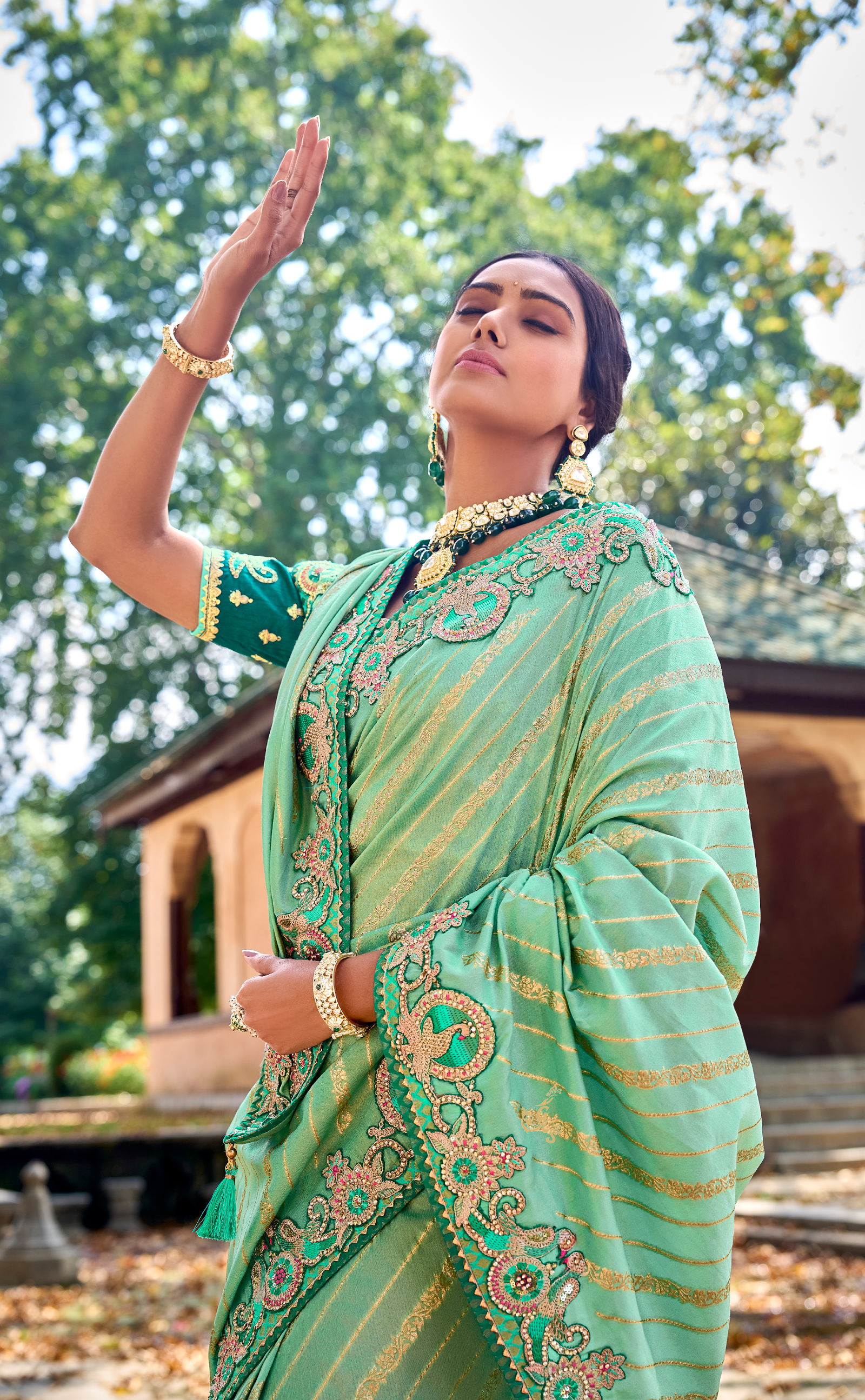 Magic Mint Embroidered Saree In Banarasi Vegan Tissue Silk