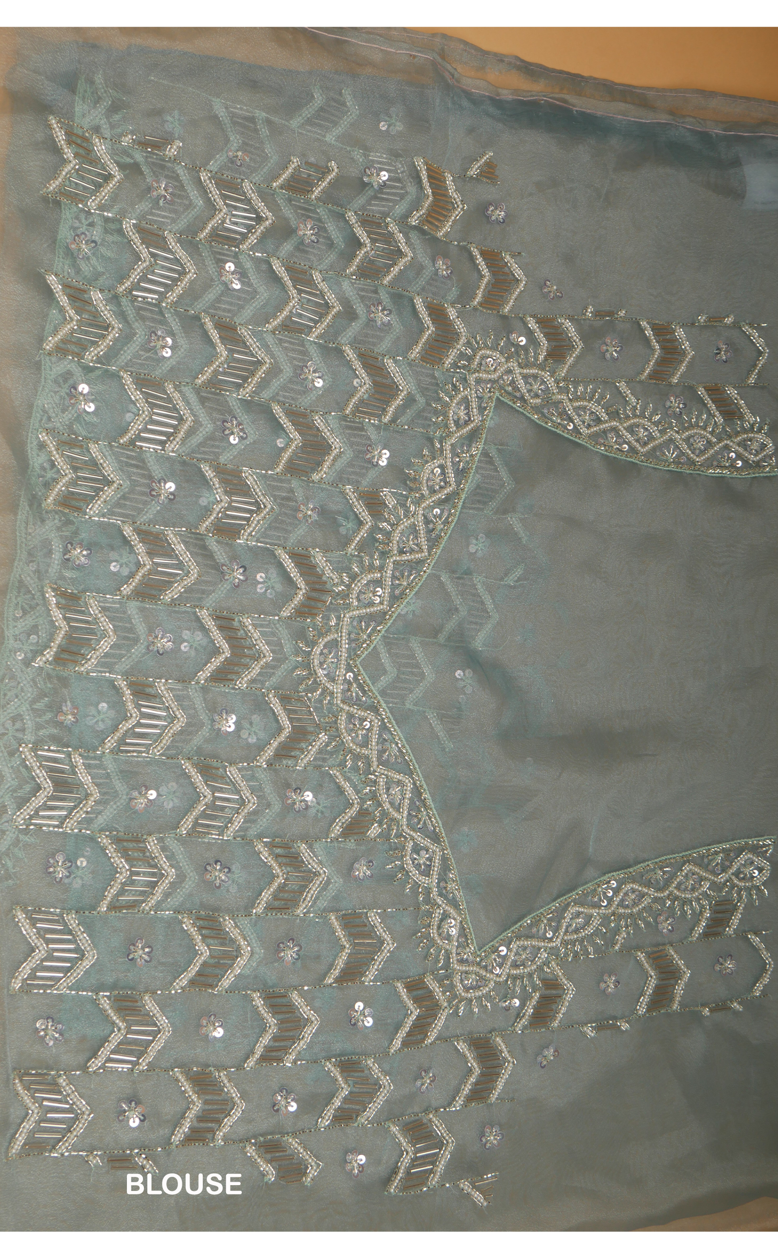 Sea Green Hand Jaal Embroidery Saree In Vegan Glass Soft Organza