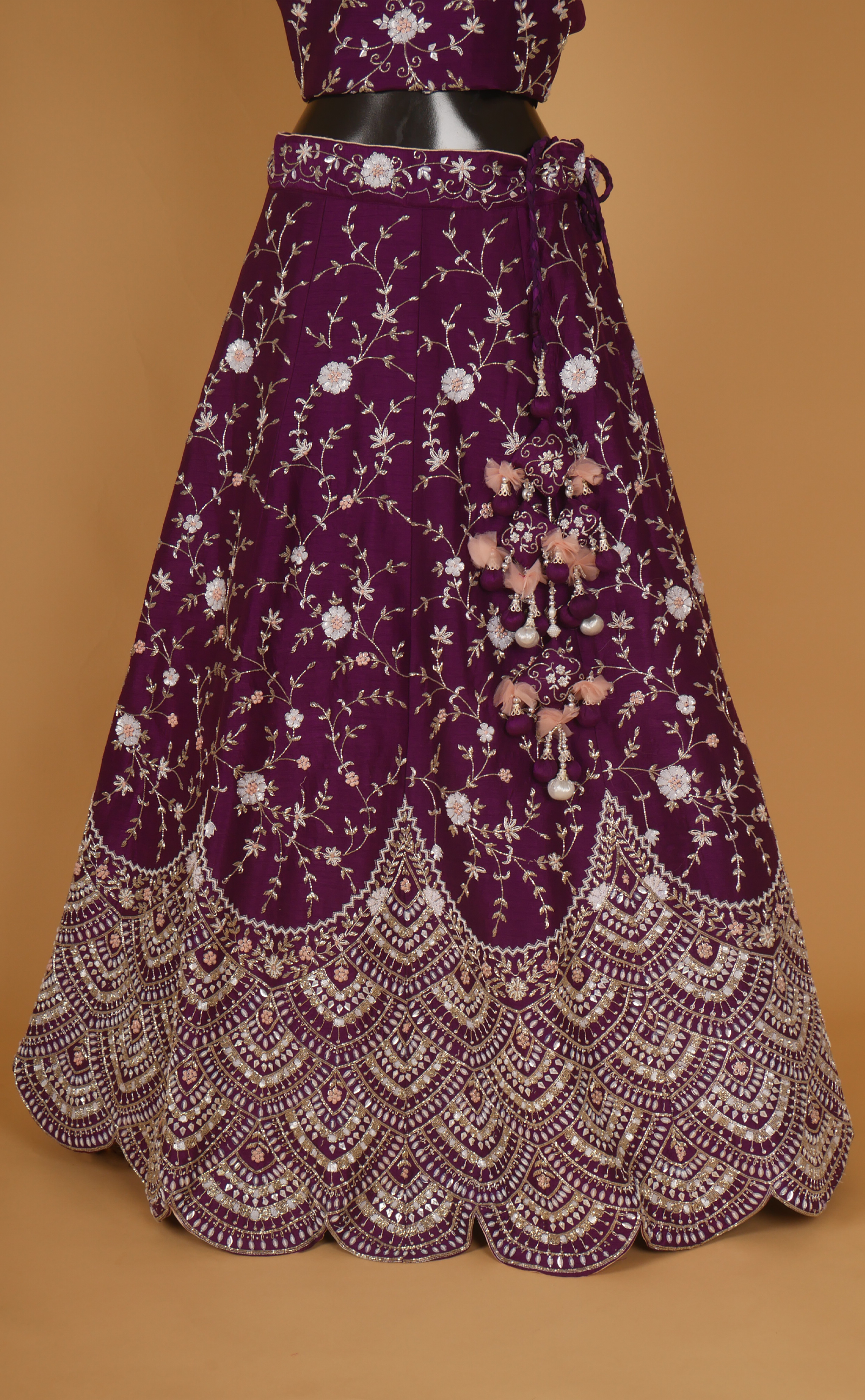 Mulberry Mix Hand Embroidery Bridal Lehenga In Vegan Raw Silk.