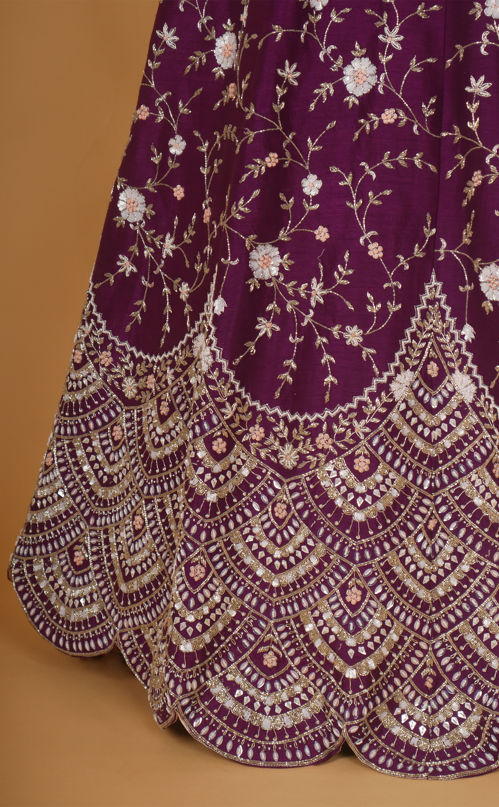 Mulberry Mix Hand Embroidery Bridal Lehenga In Vegan Raw Silk.