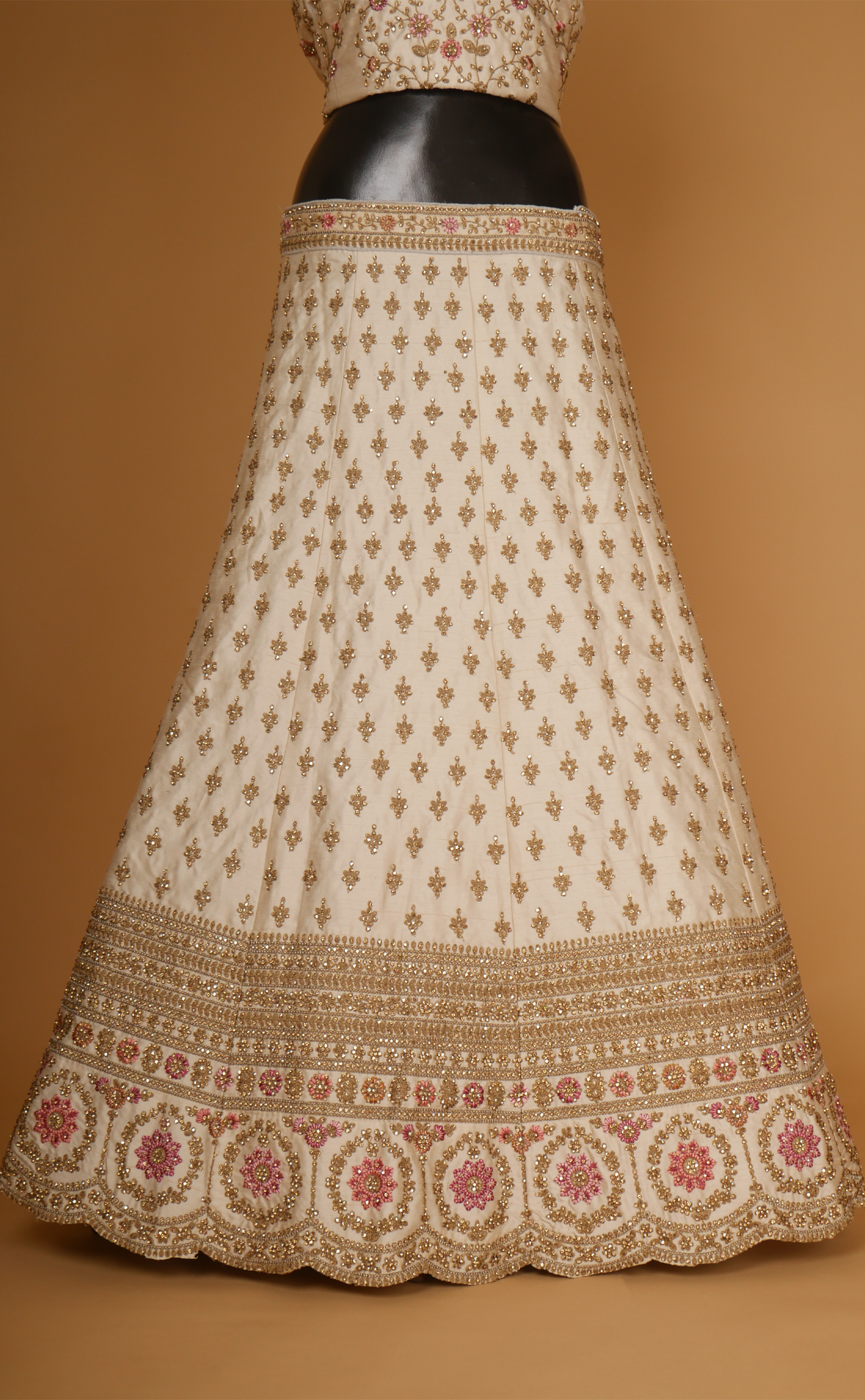 Off-White Embroidered Lehenga In Vegan Raw Silk