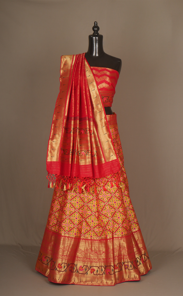 Mustard Patola Vegan Silk Banarasi With Paithani Border Semi-Stitched Lehenga