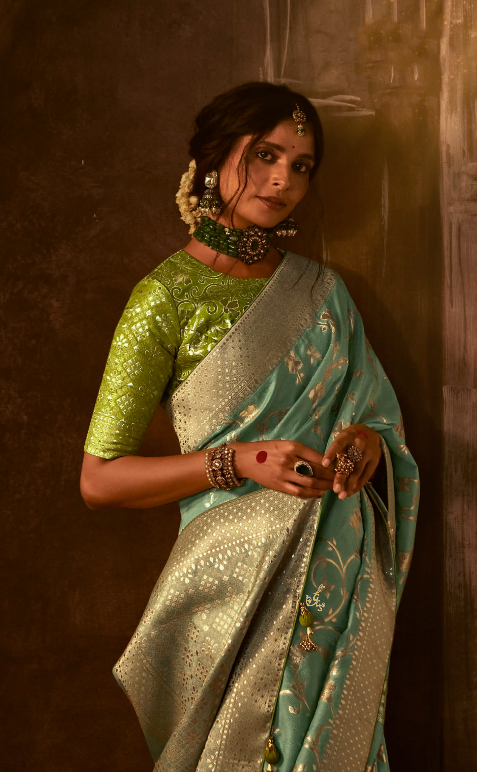 Sage Green Saree In Banarasi Vegan Muga Silk