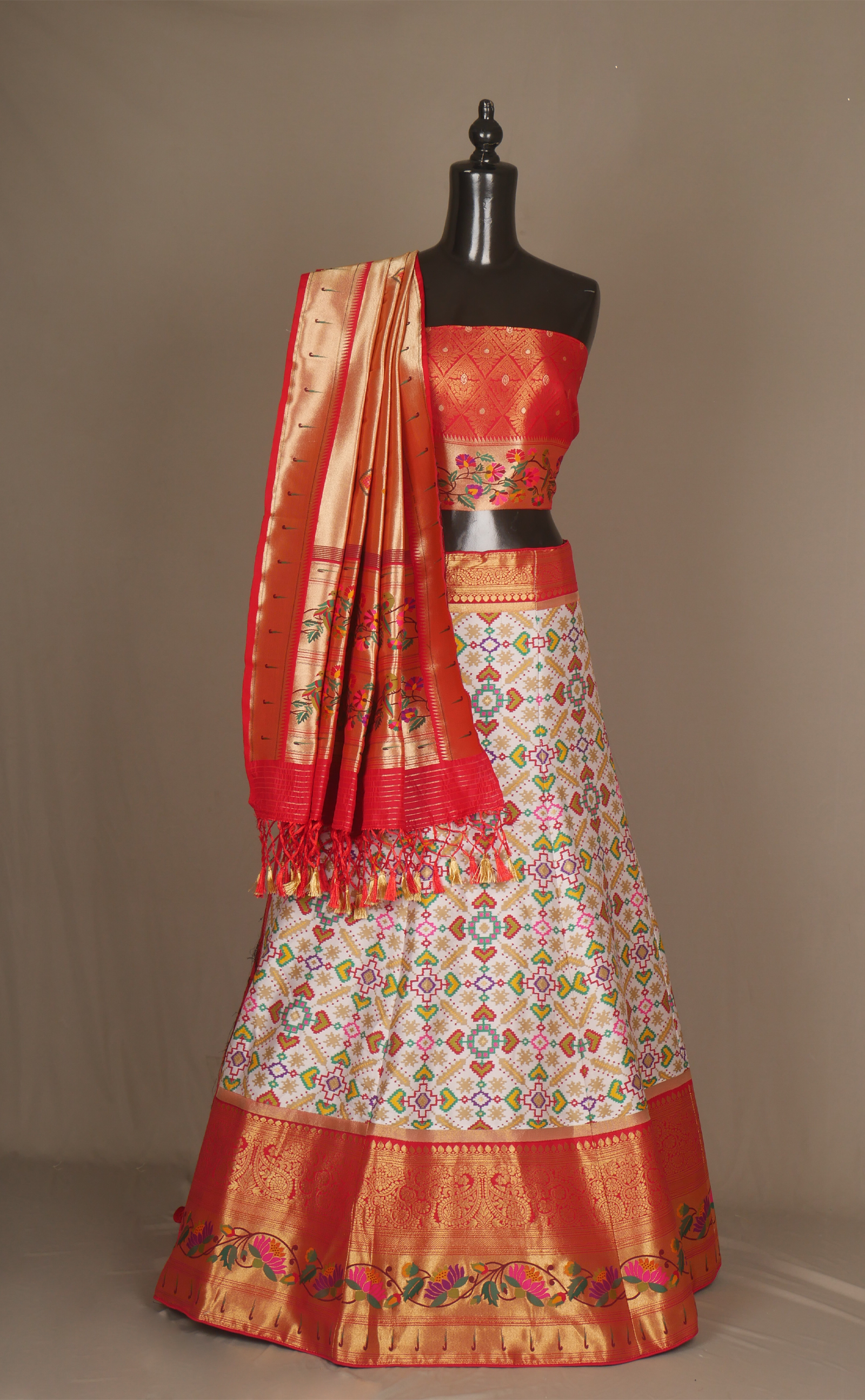 Off-White Patola Vegan Silk Banarasi With Paithani Border Semi-Stitched Lehenga