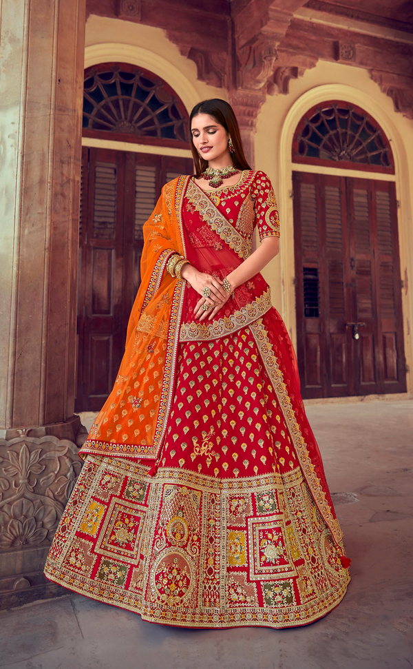 Red Coloured Embroidery Bridal Lehenga In Vegan Raw Silk