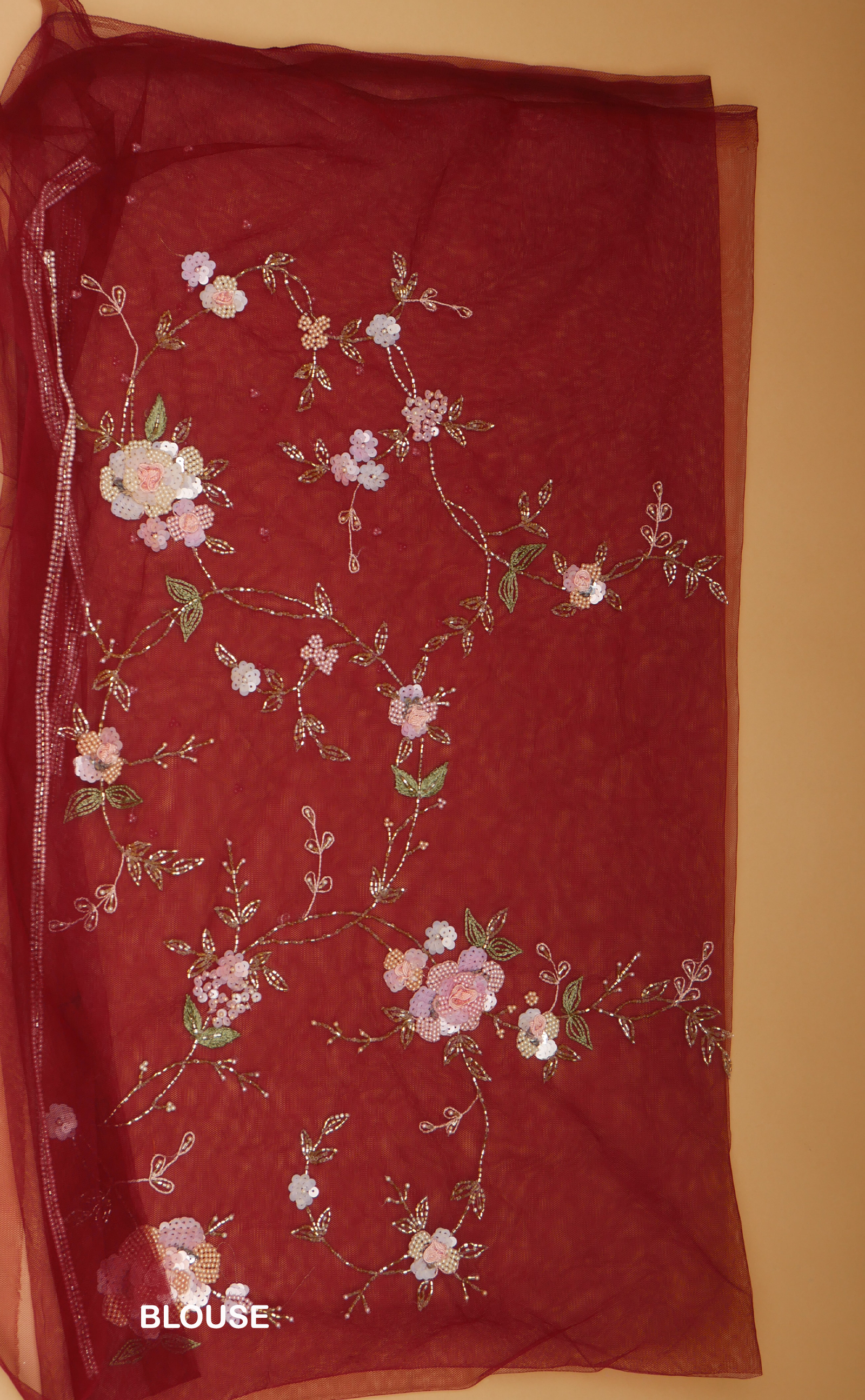 Maroon Hand Jaal Embroidery Saree In Vegan Organza