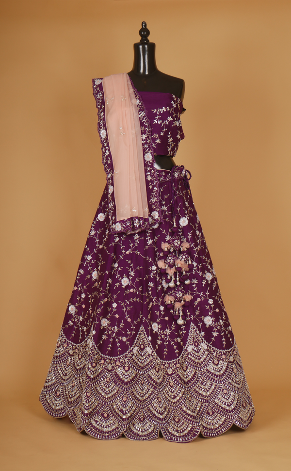 Mulberry Mix Hand Embroidery Bridal Lehenga In Vegan Raw Silk.