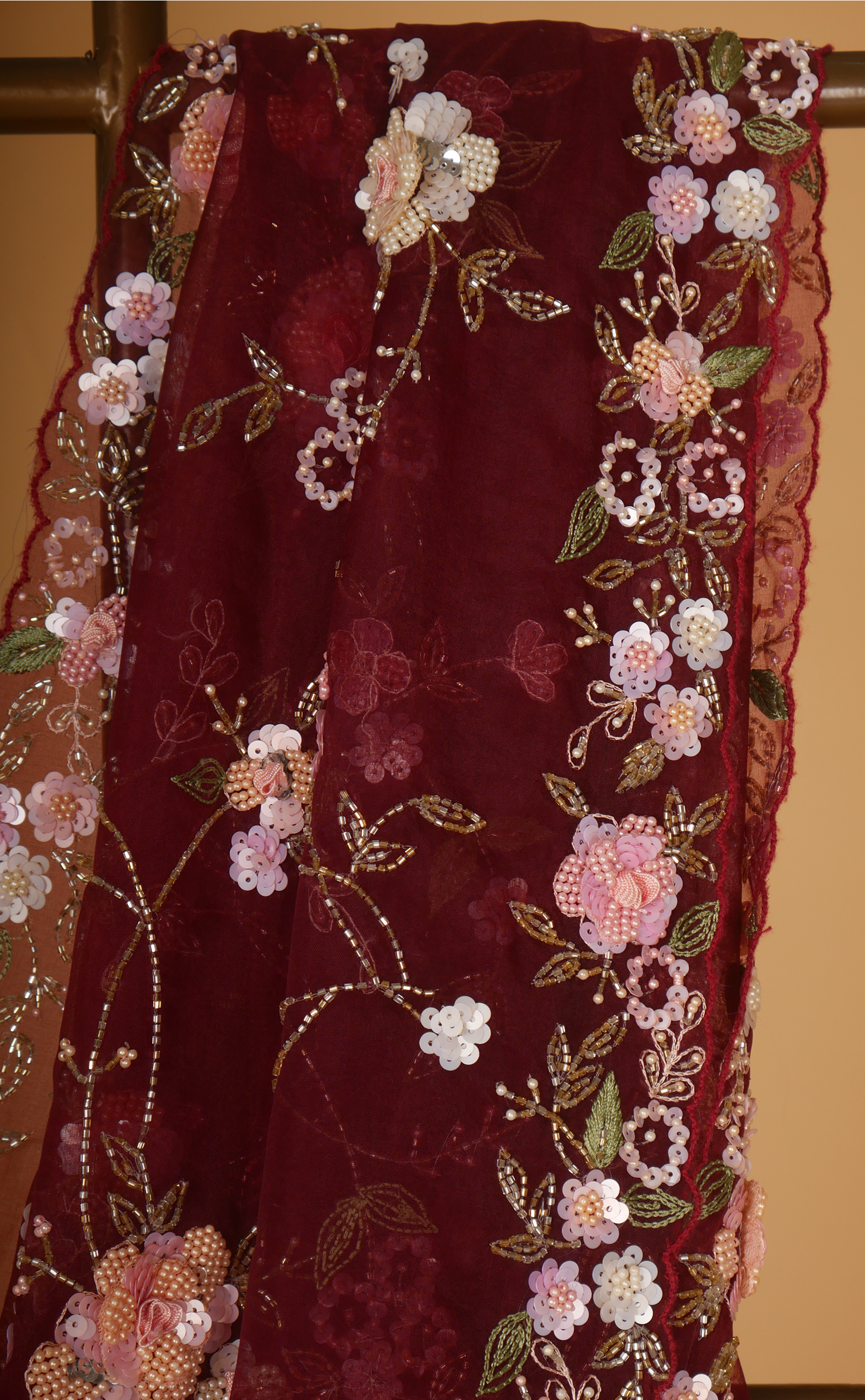 Maroon Hand Jaal Embroidery Saree In Vegan Organza