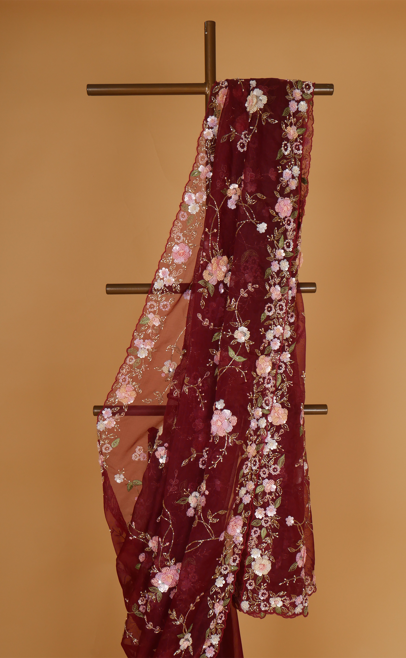 Maroon Hand Jaal Embroidery Saree In Vegan Organza