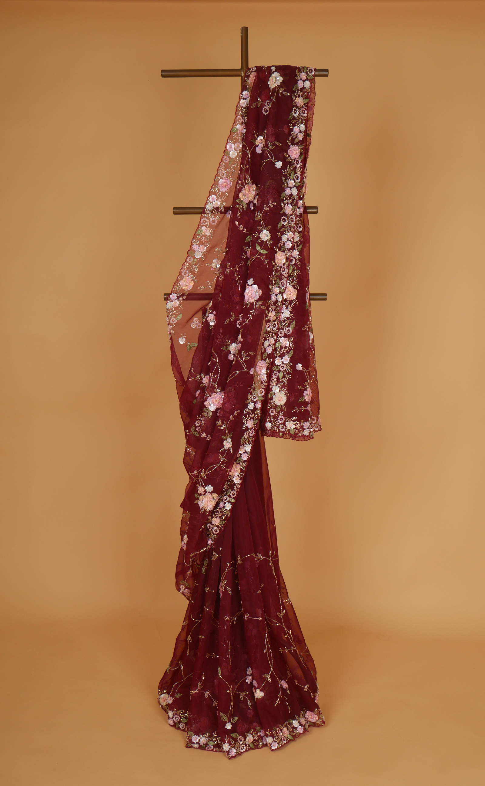 Maroon Hand Jaal Embroidery Saree In Vegan Organza