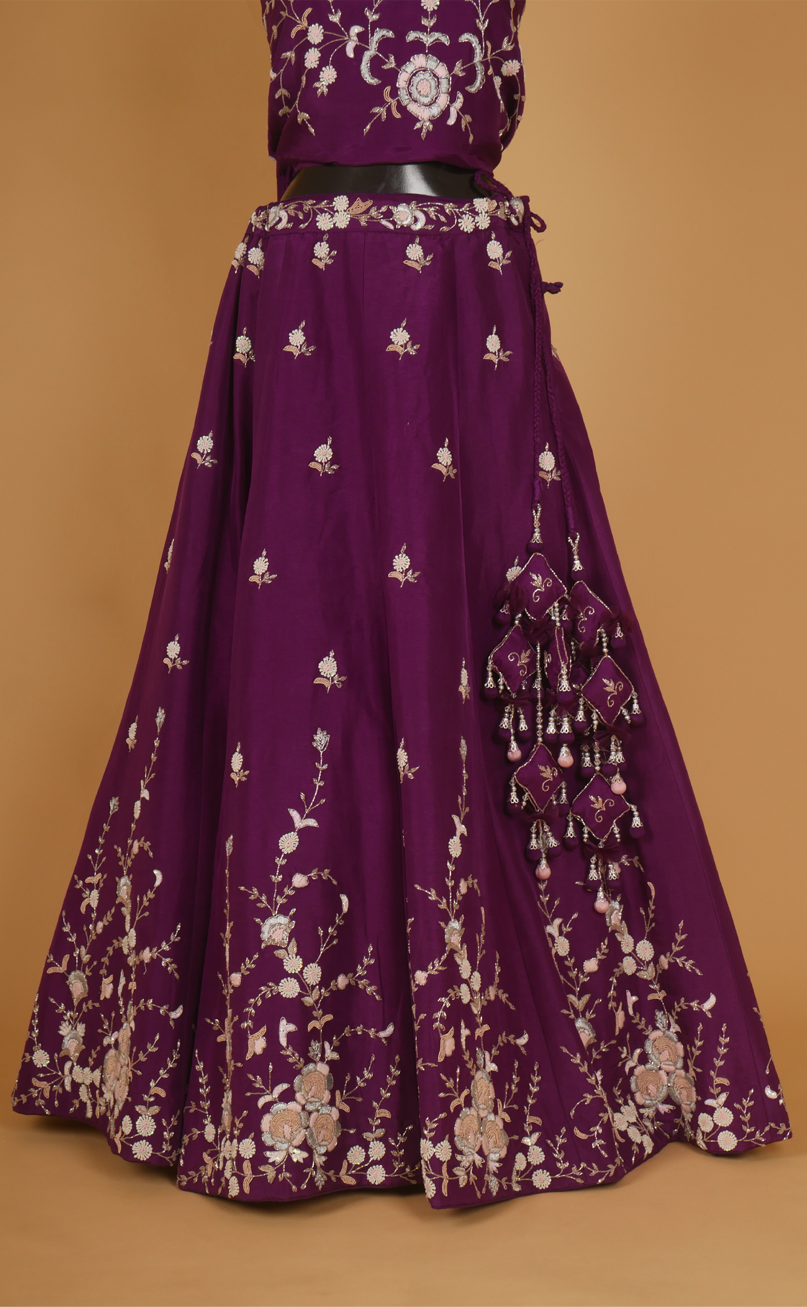 Mulberry Mix Hand Embroidery Bridal Lehenga In Vegan Raw Silk