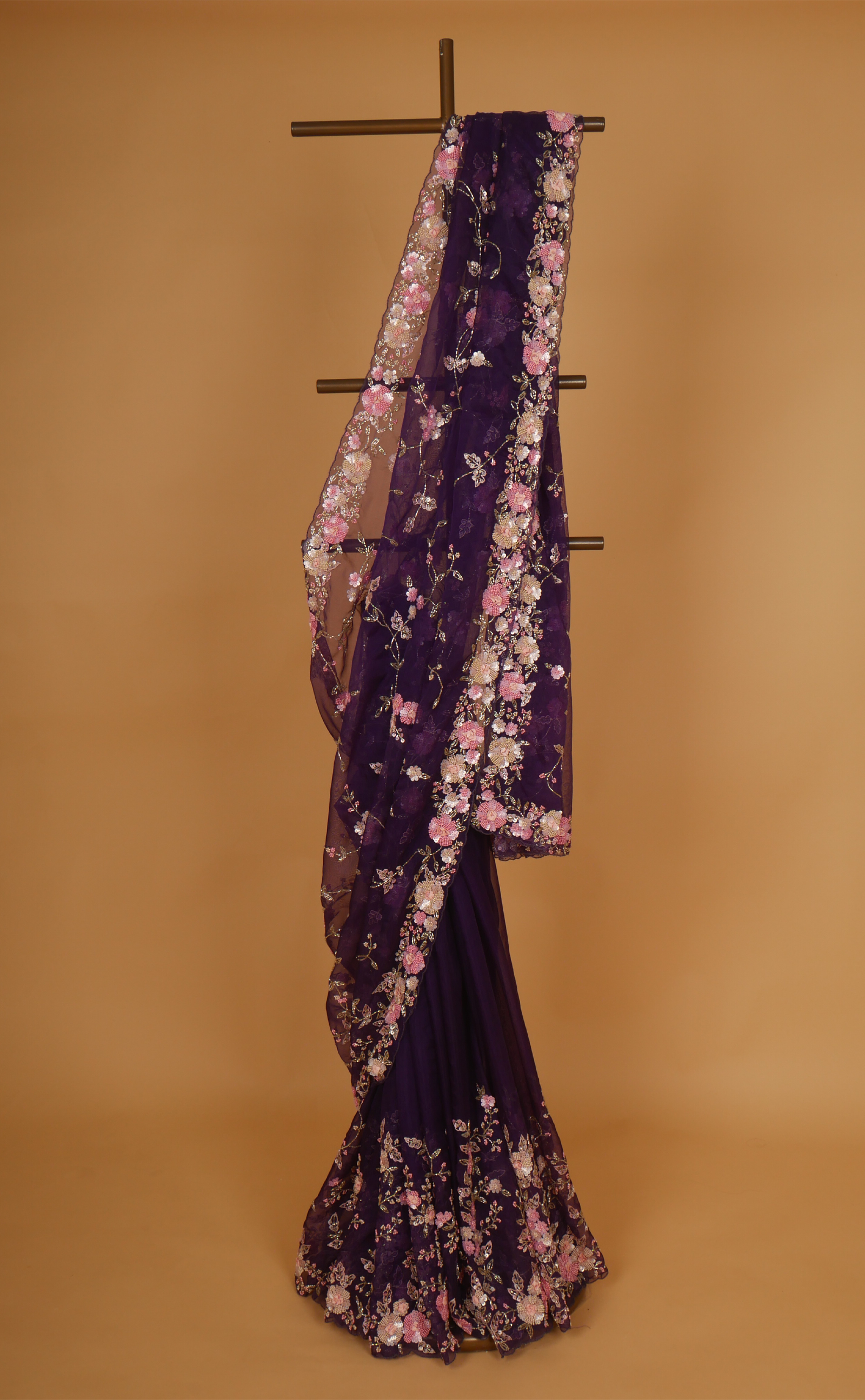 Purple Hand Jaal Embroidery Saree In Vegan Organza