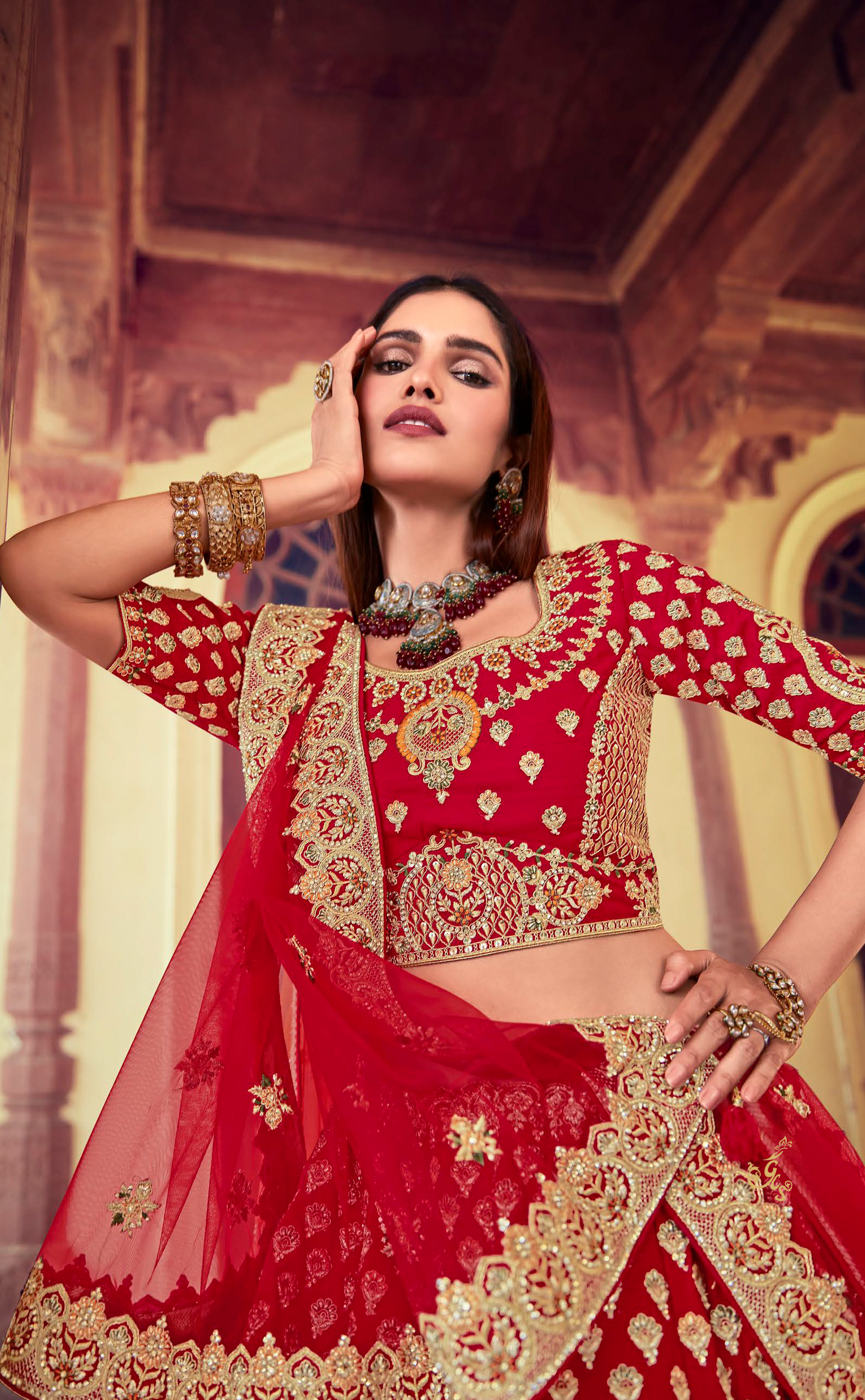 Red Coloured Embroidery Bridal Lehenga In Vegan Raw Silk