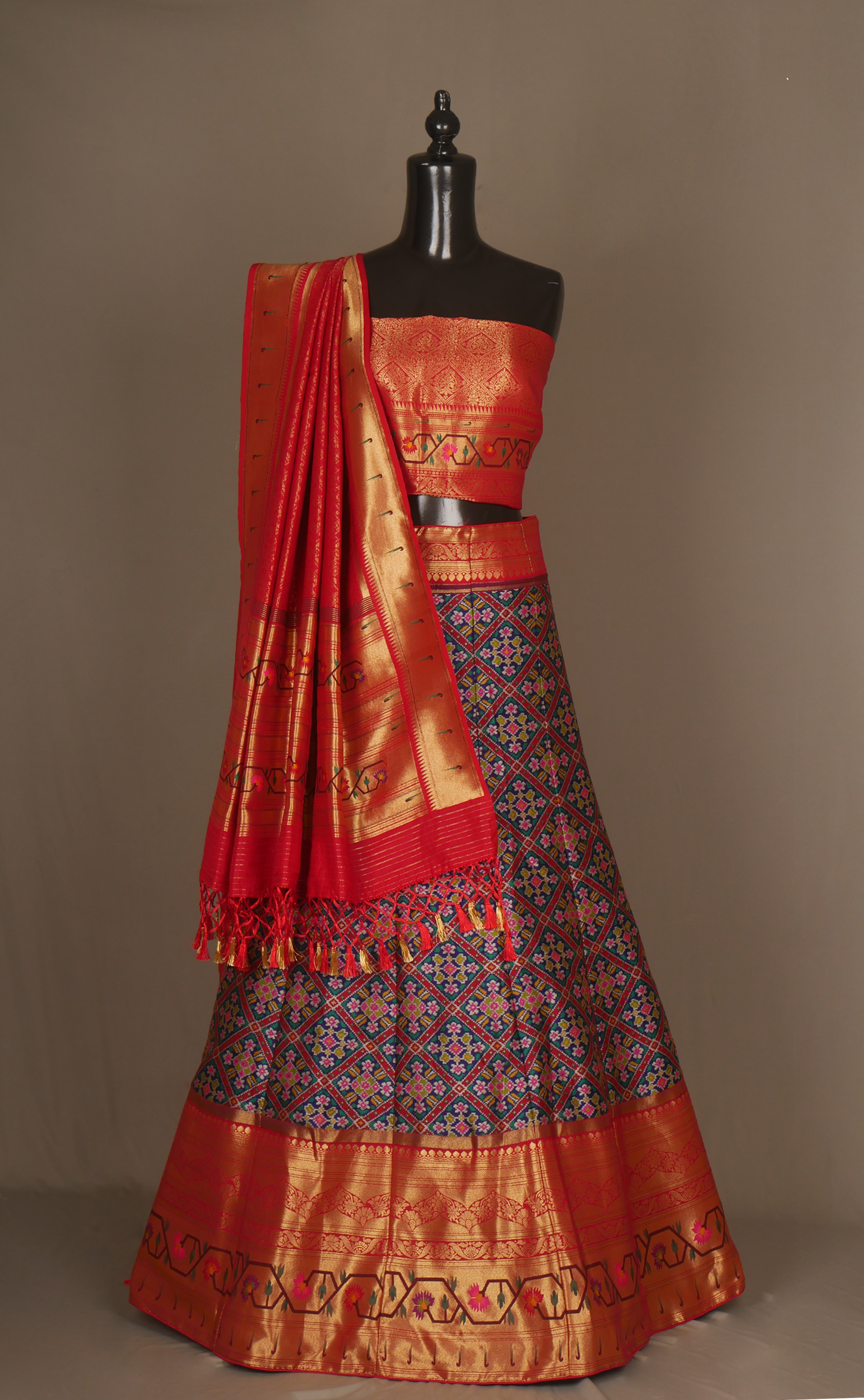 Navy Blue Patola Vegan Silk Banarasi With Paithani Border Semi-Stitched Lehenga