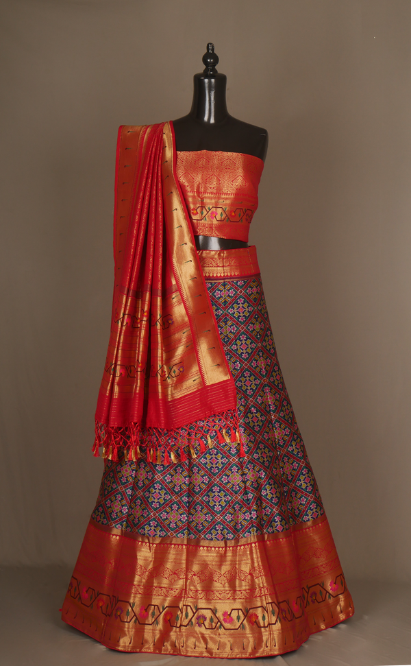 Navy Blue Patola Vegan Silk Banarasi With Paithani Border Semi-Stitched Lehenga