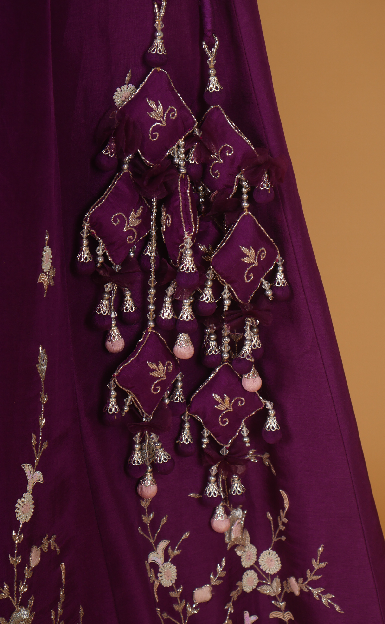 Mulberry Mix Hand Embroidery Bridal Lehenga In Vegan Raw Silk