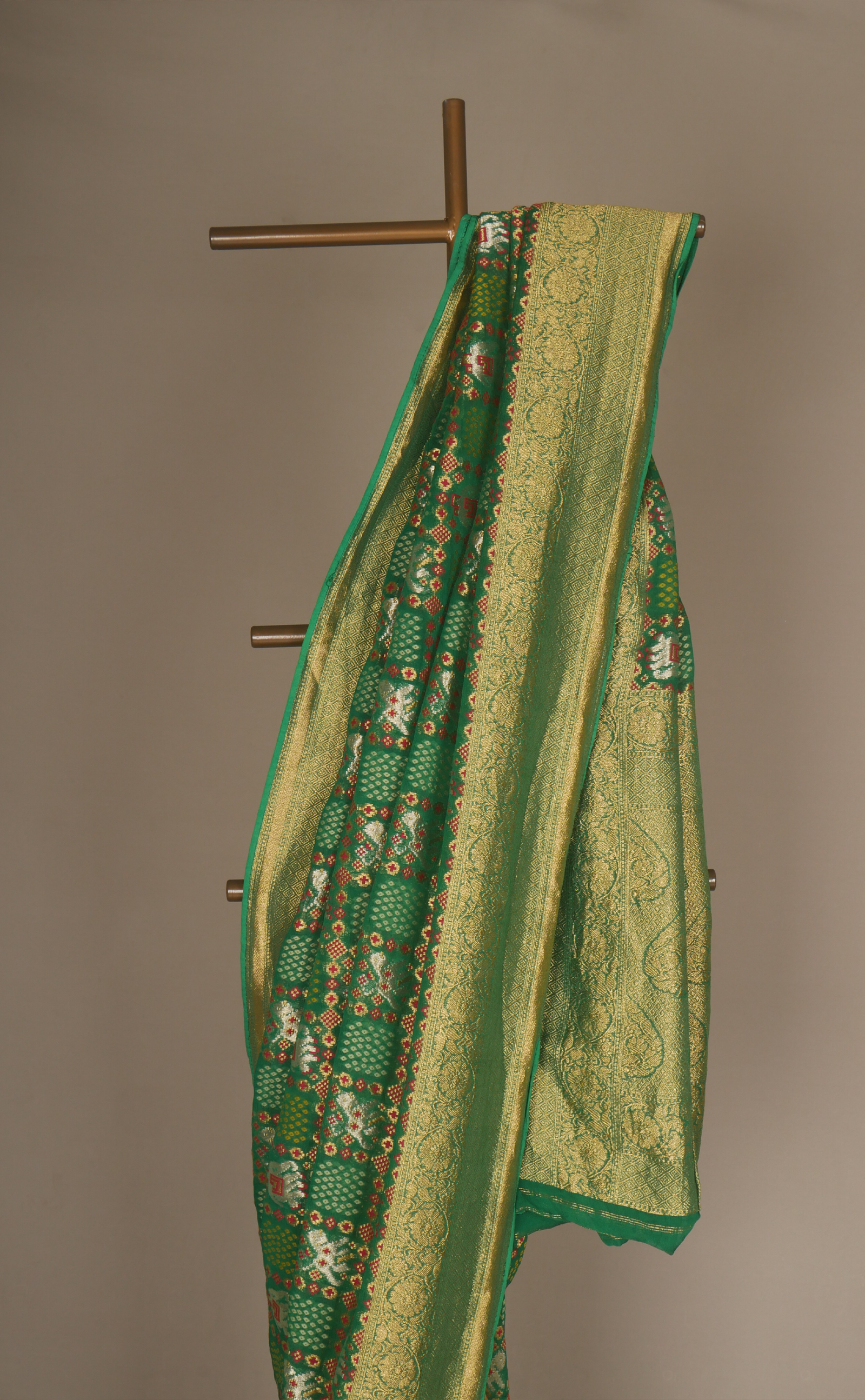 Leaf Green Khaddi Vegan Georgette Bandhani And Patola Design