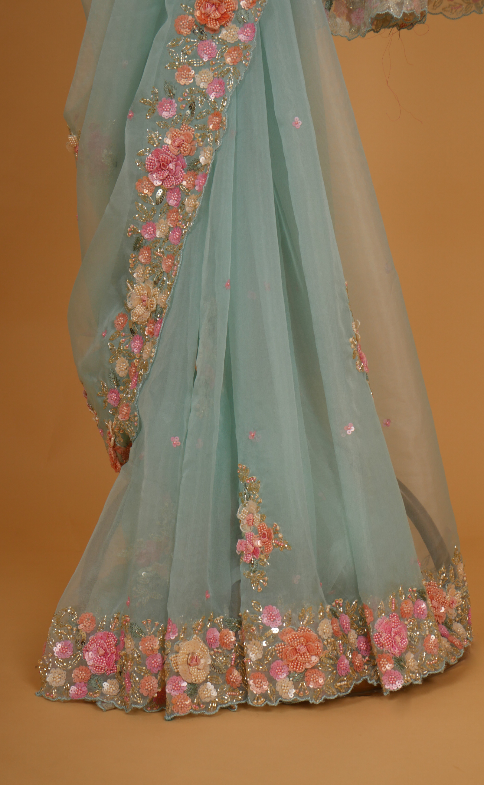 Sea Green Hand Embroidery Saree In Vegan Soft Organza