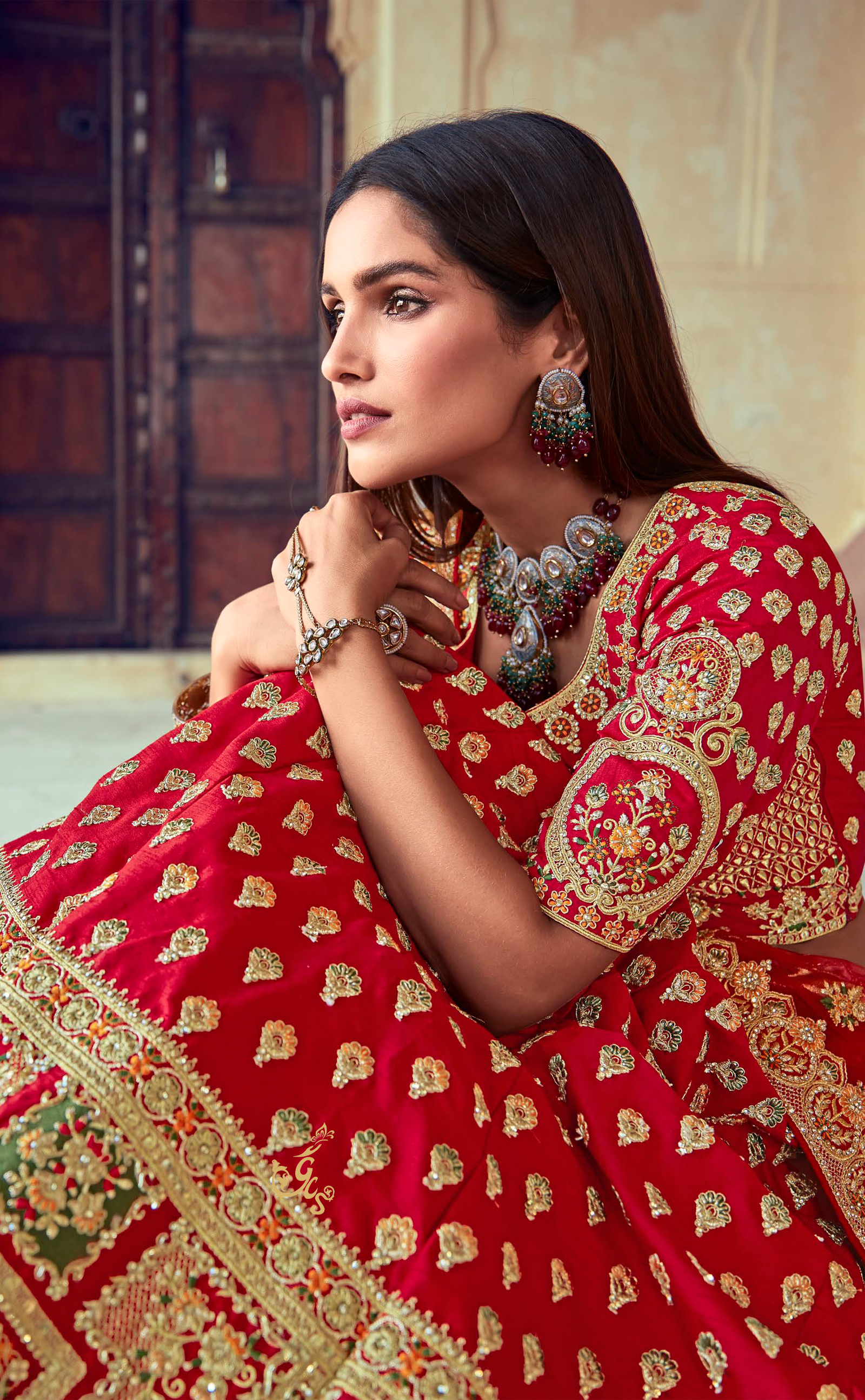 Red Coloured Embroidery Bridal Lehenga In Vegan Raw Silk