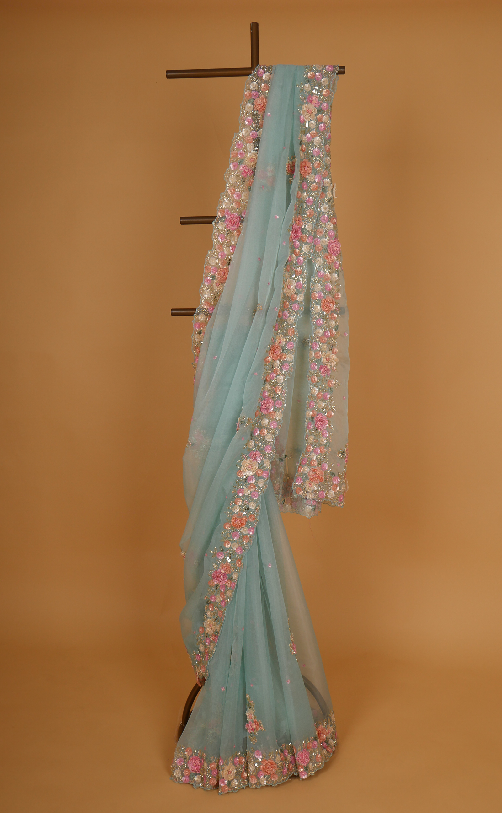 Sea Green Hand Embroidery Saree In Vegan Soft Organza