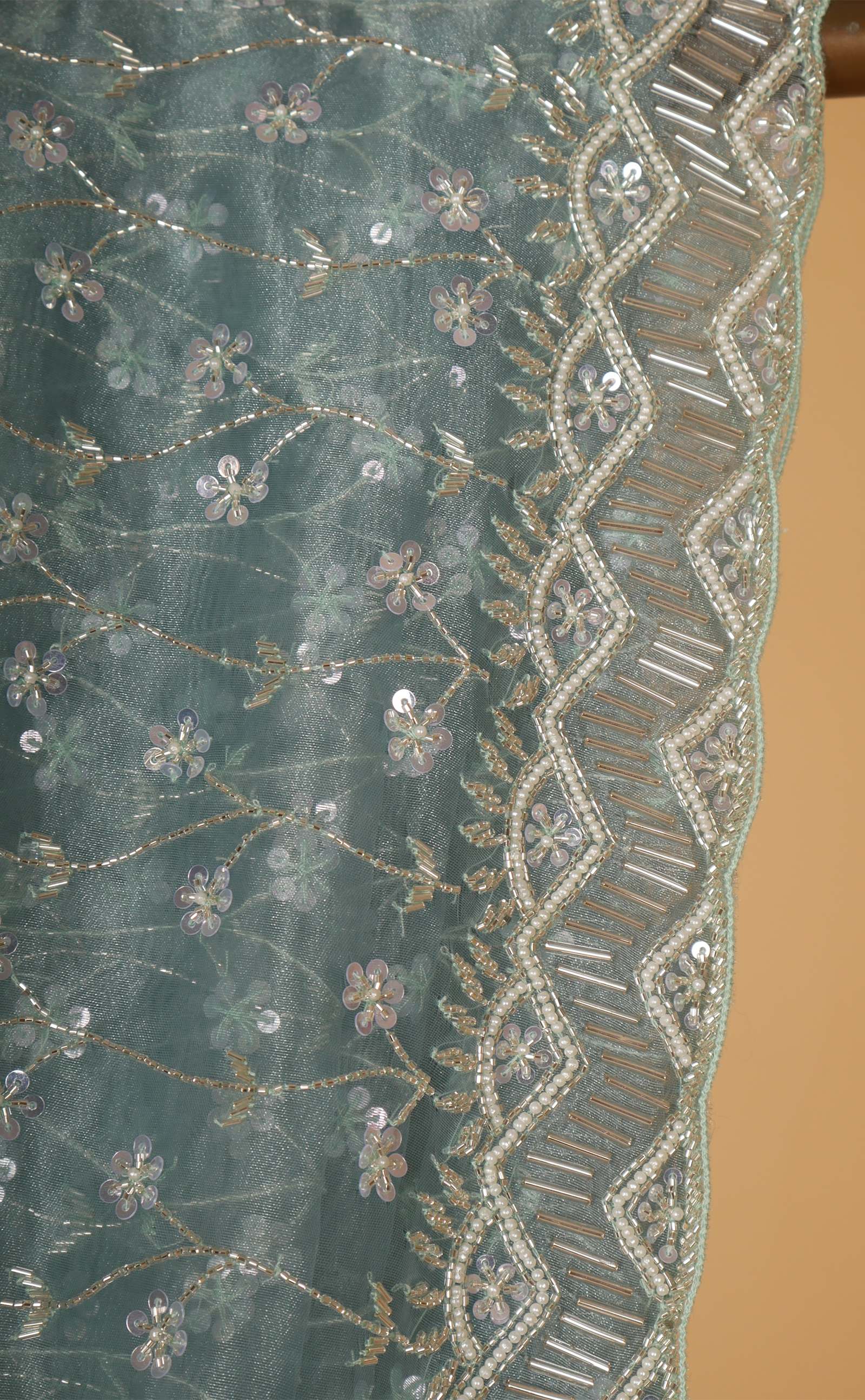 Sea Green Hand Jaal Embroidery Saree In Vegan Glass Soft Organza