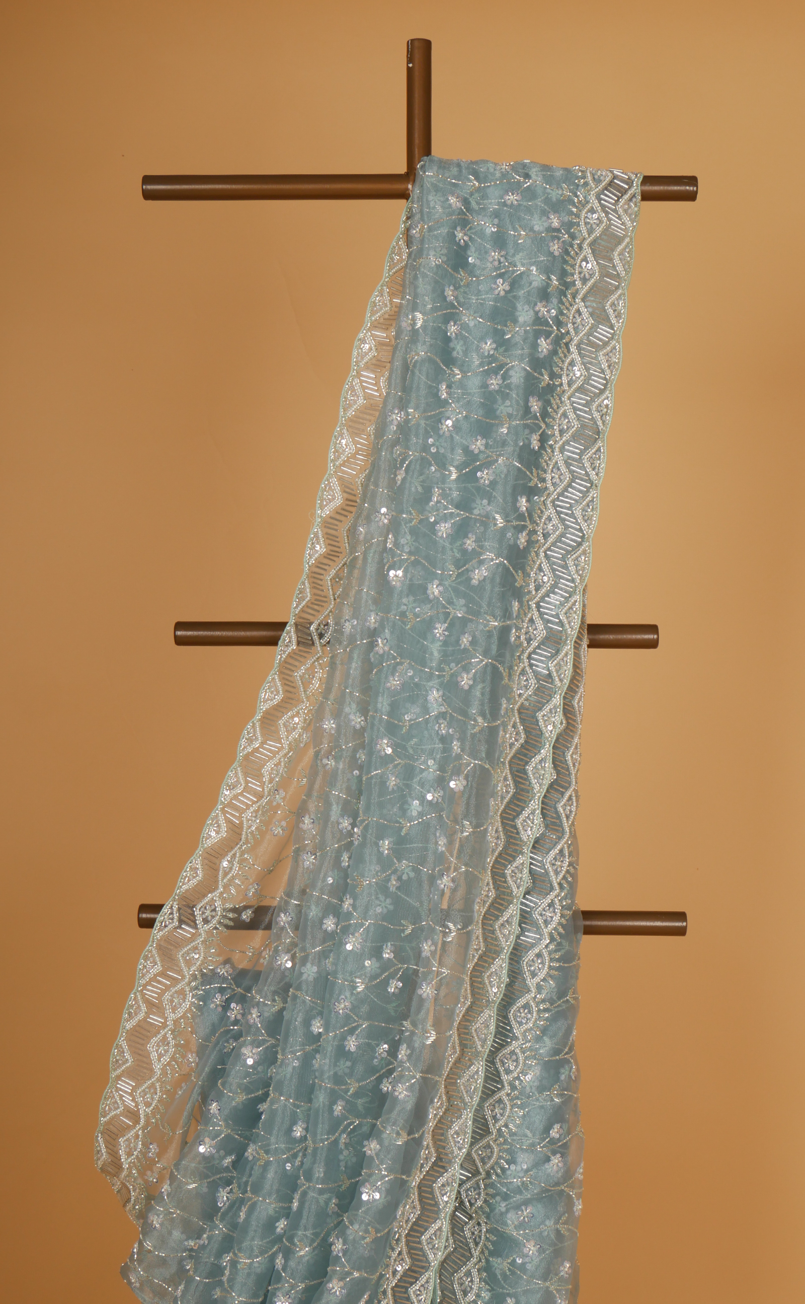 Sea Green Hand Jaal Embroidery Saree In Vegan Glass Soft Organza