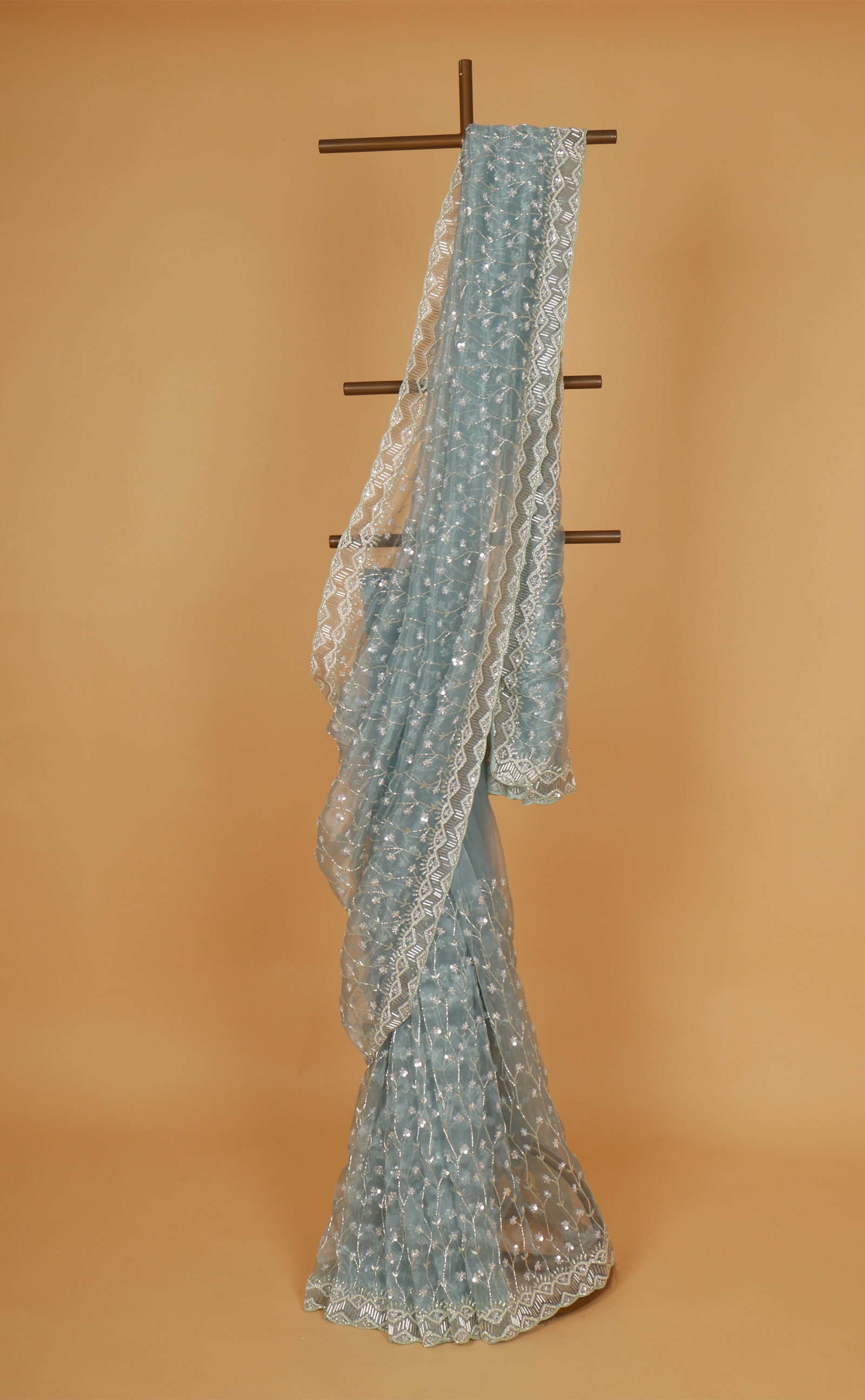 Sea Green Hand Jaal Embroidery Saree In Vegan Glass Soft Organza