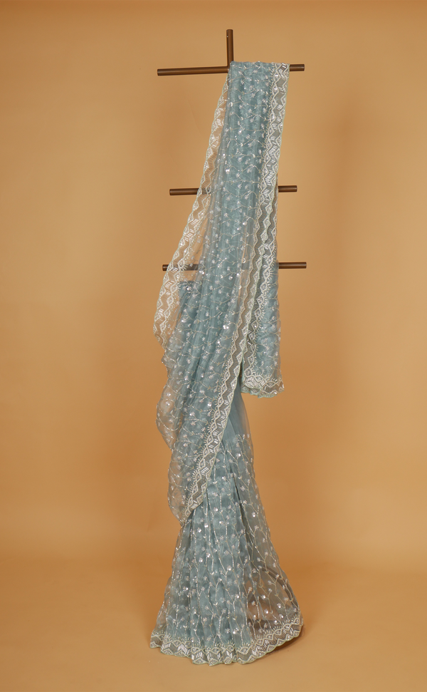 Sea Green Hand Jaal Embroidery Saree In Vegan Glass Soft Organza