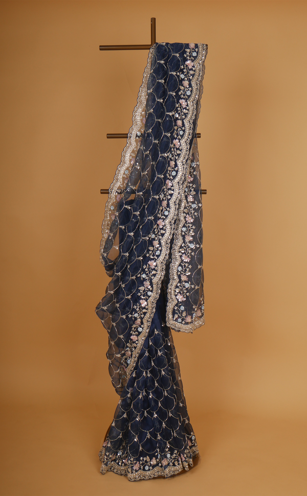 Navy Blue Hand Jaal Embroidery Saree In Vegan Glass Soft Organza