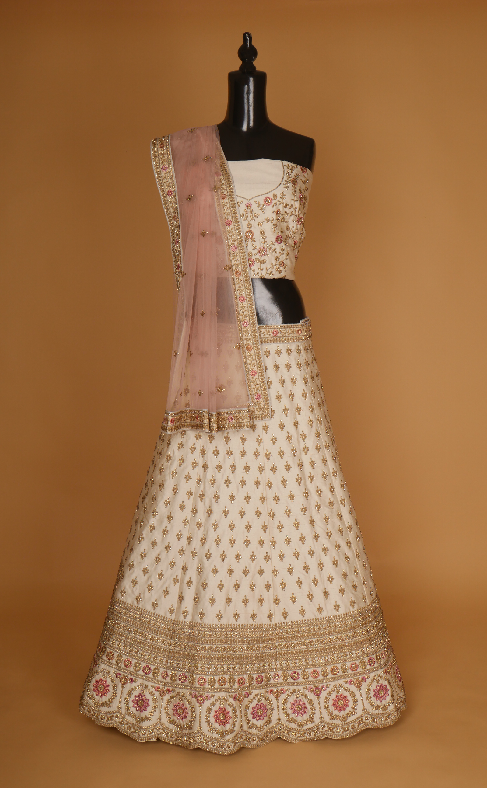 Off-White Embroidered Lehenga In Vegan Raw Silk