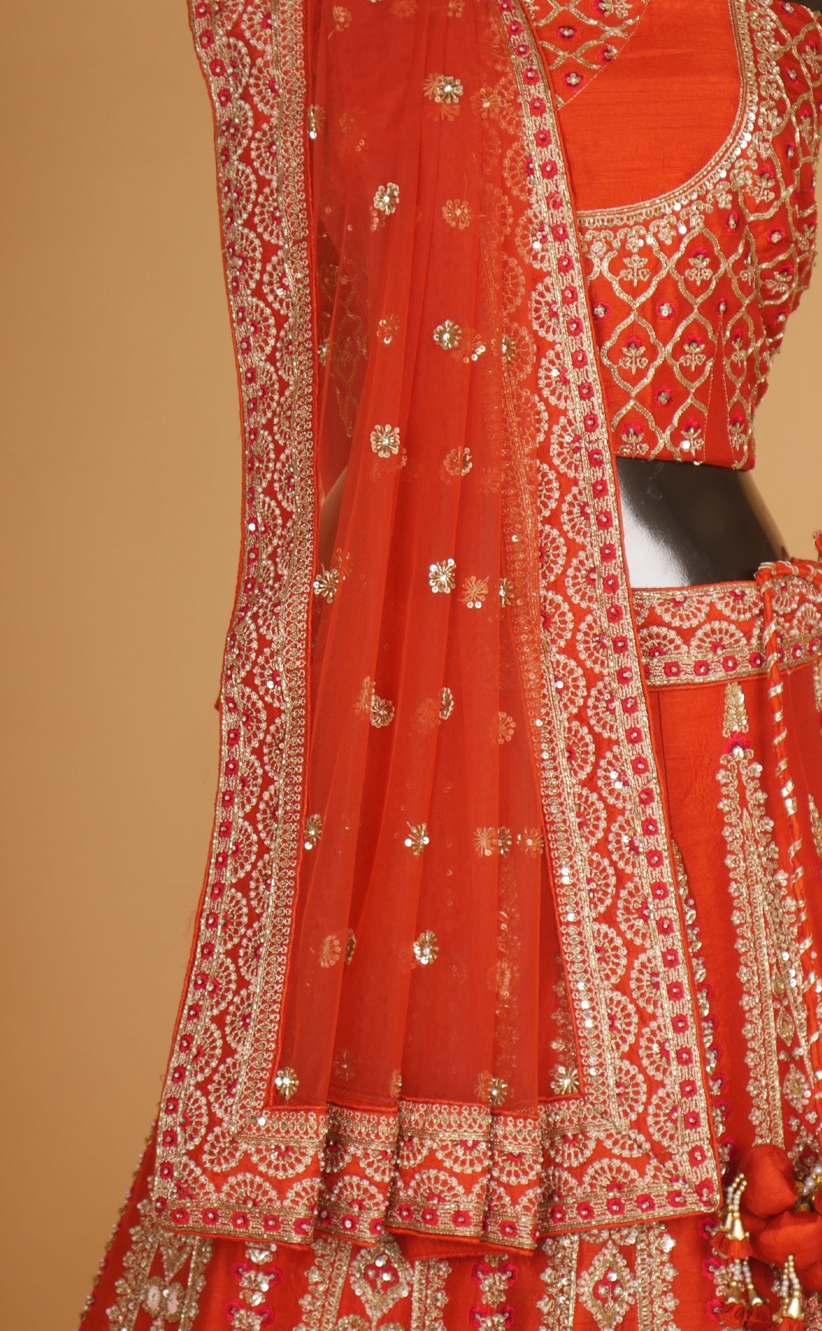 Rust Mix Hand Embroidery Bridal Lehenga In Vegan Raw Silk