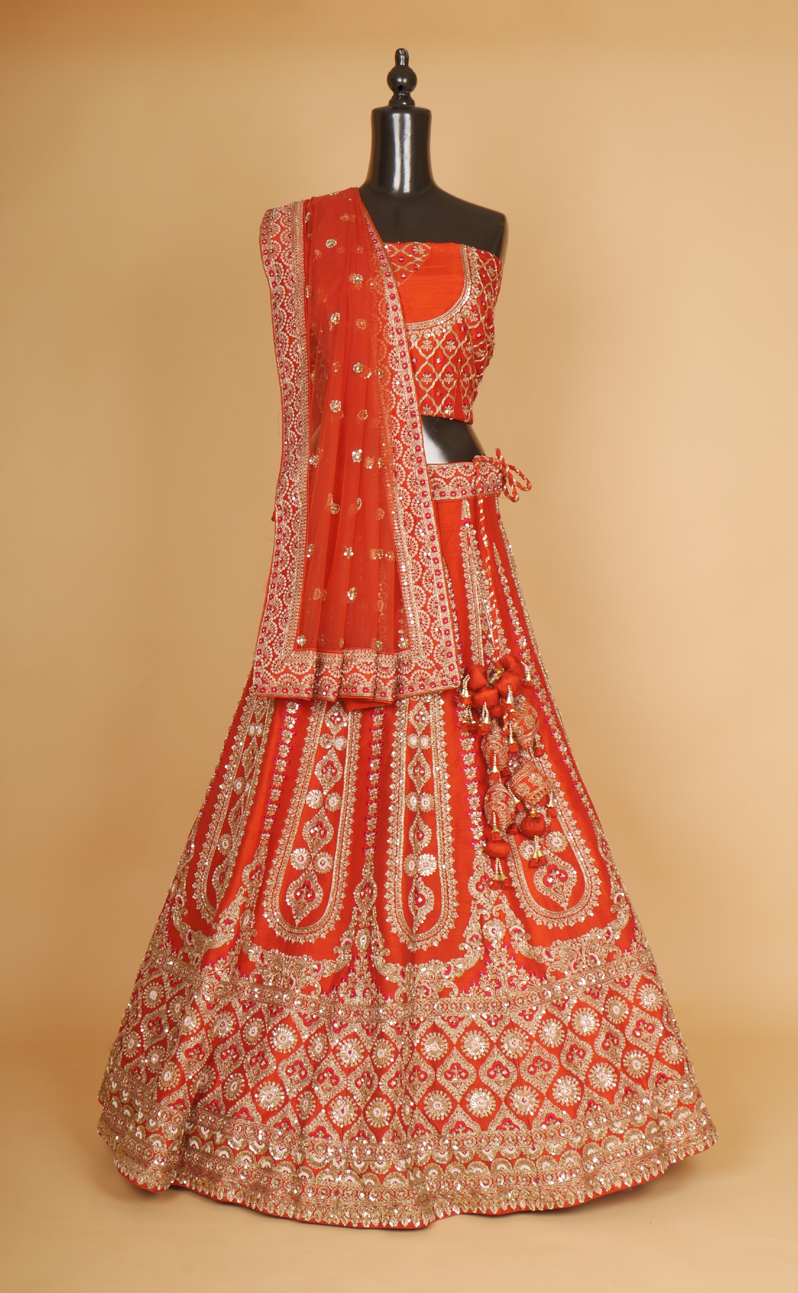 Rust Mix Hand Embroidery Bridal Lehenga In Vegan Raw Silk