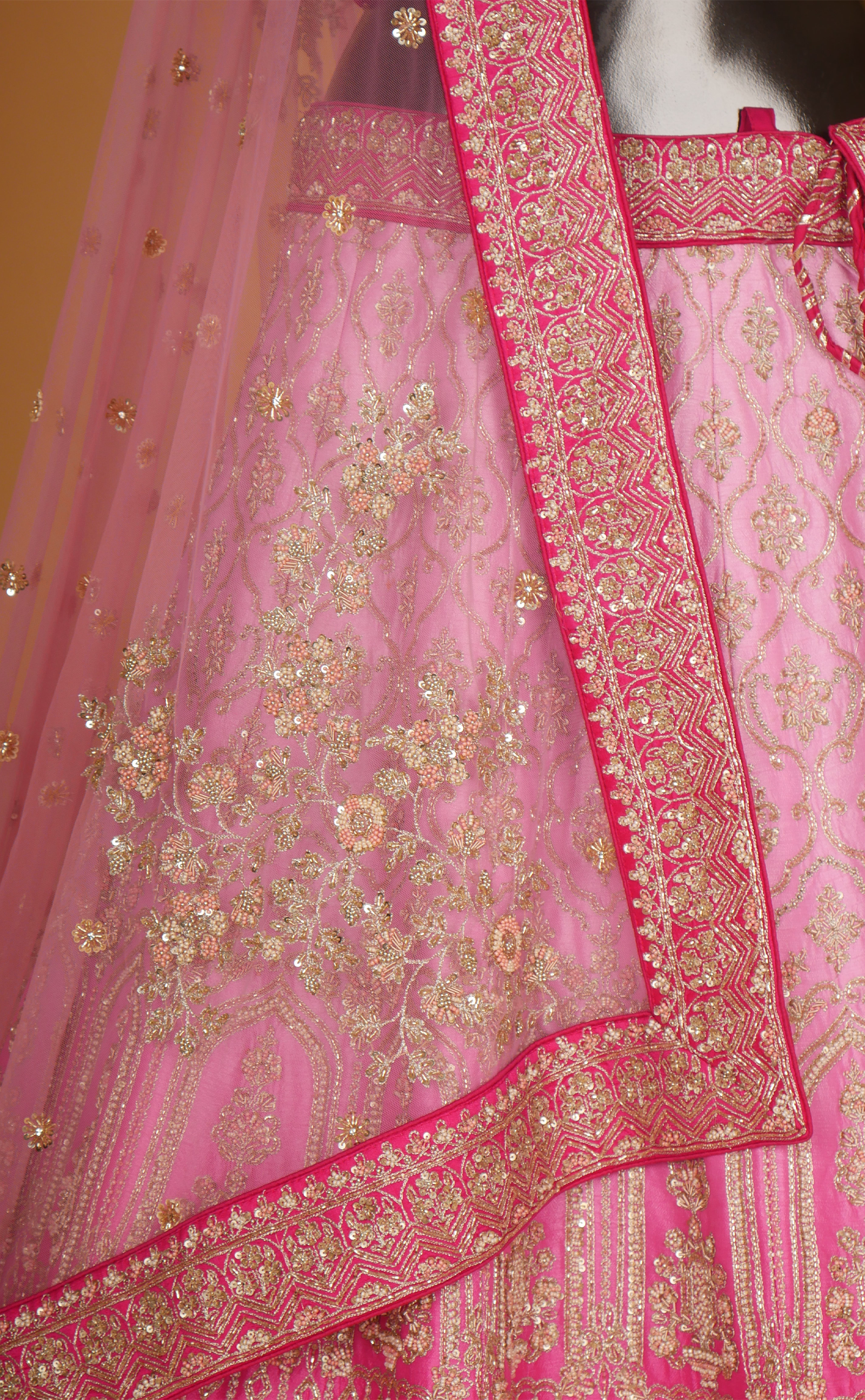 Pink Shaded Hand Zardosi Embroidery Bridal Lehenga In Vegan Raw Silk