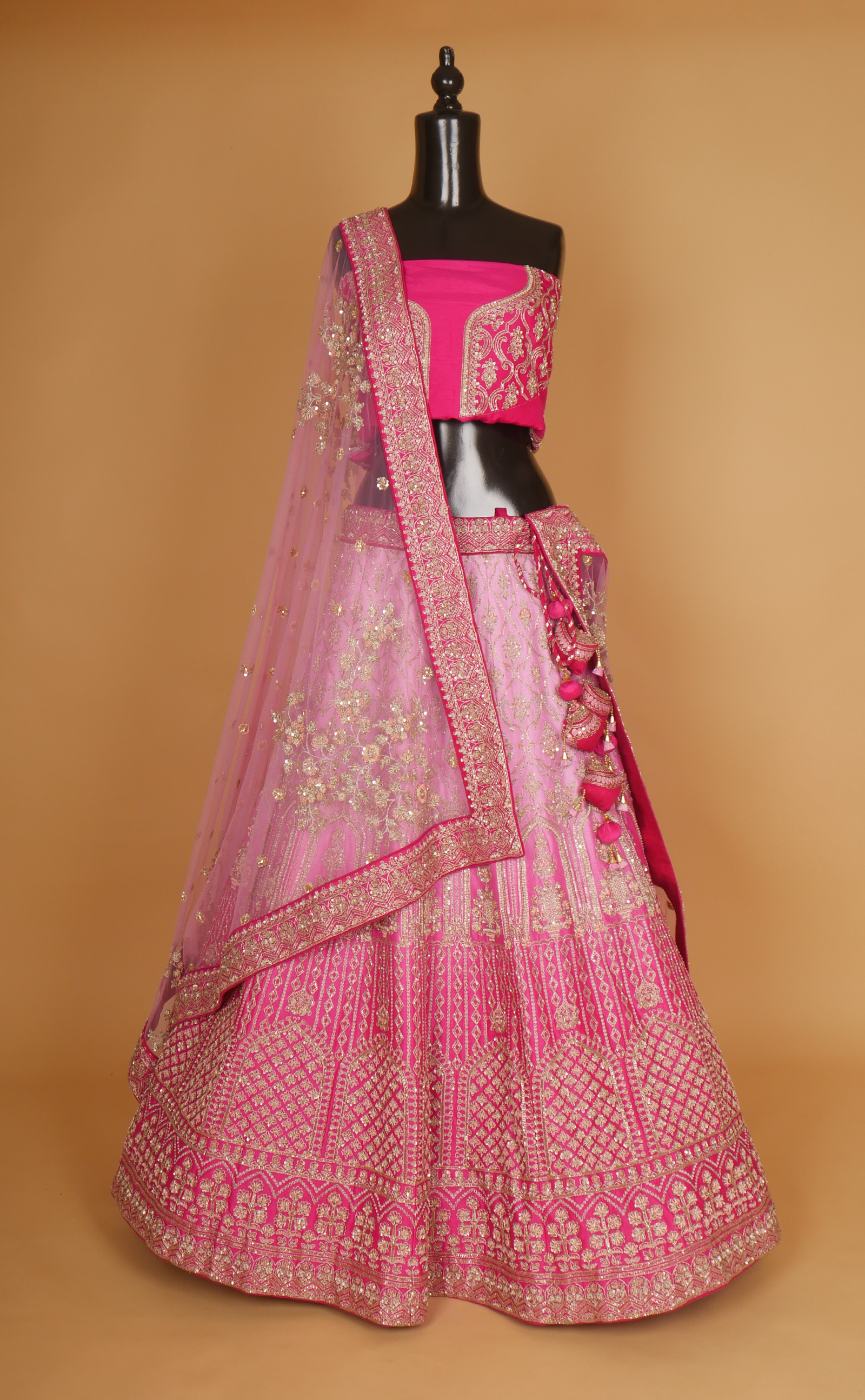 Pink Shaded Hand Zardosi Embroidery Bridal Lehenga In Vegan Raw Silk